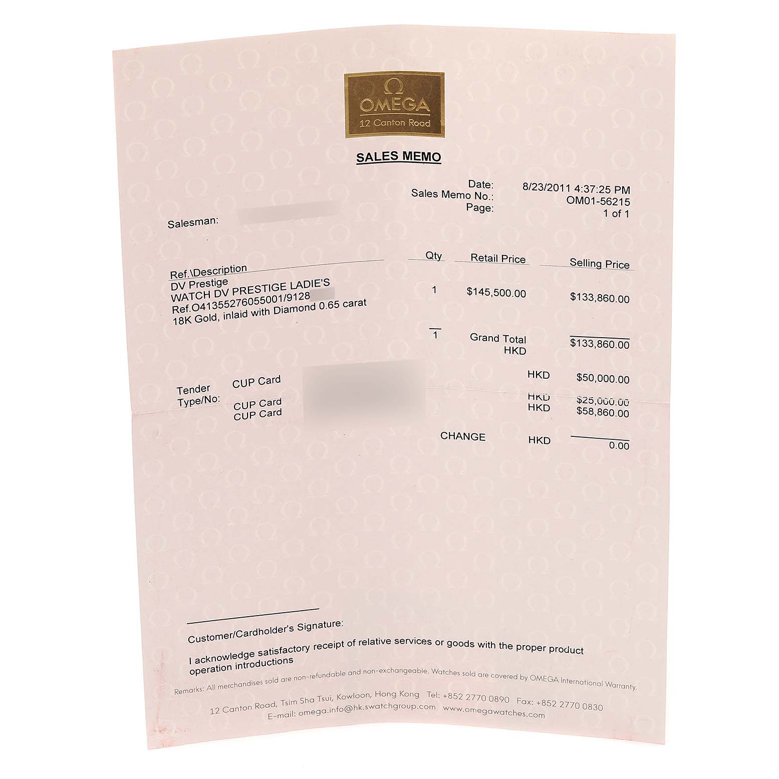 The image shows a sales memo for the Omega 413.55.27.60.55.001 Women's Yellow Gold Mother of Pearl Dial 413.55.27.60.55.001 Women's Yellow Gold Mother of Pearl Dial DeVille Prestige Yellow Gold Diamond Ladies Watch 413.55.27.60.55.001.