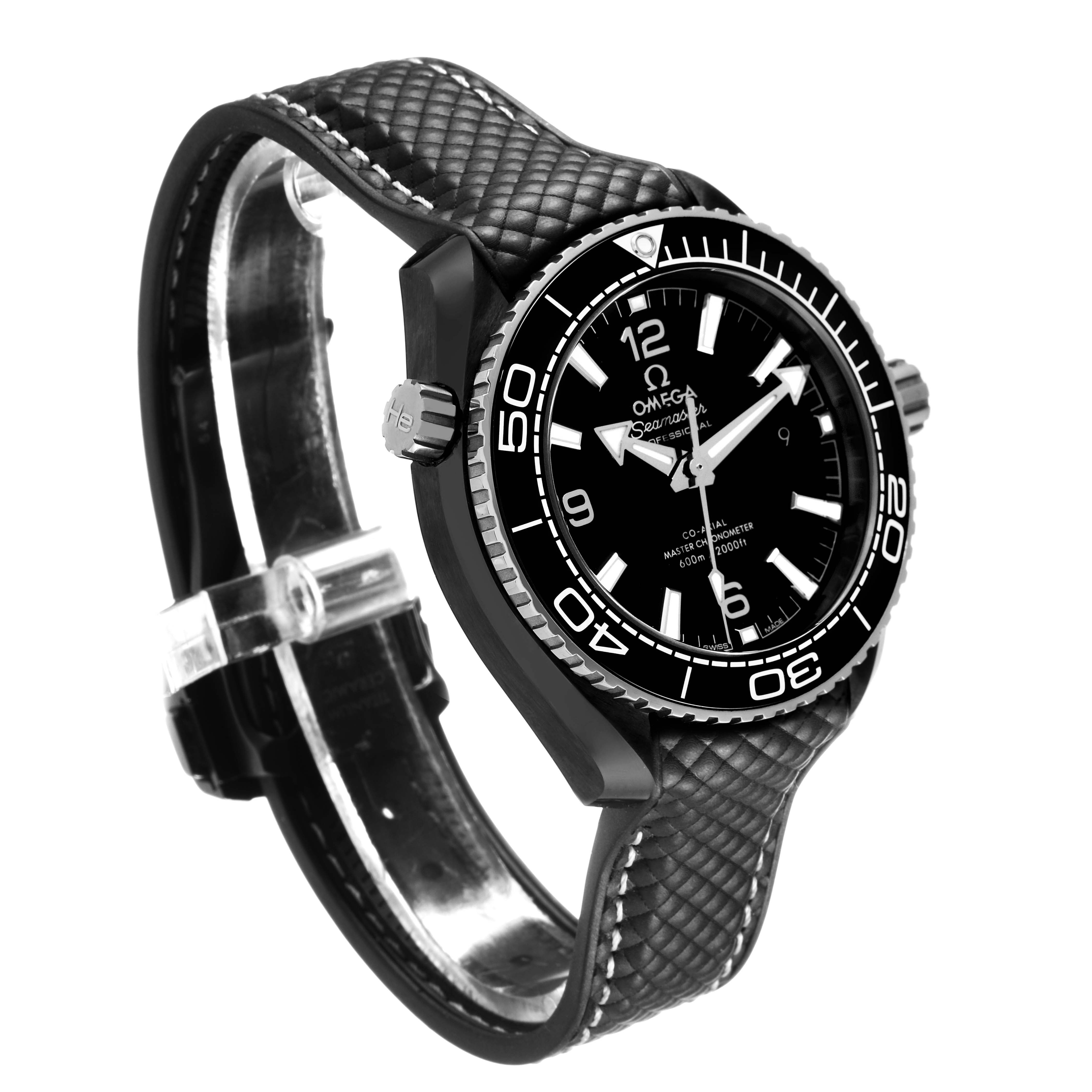 The Omega Planet Ocean 215.92.40.20.01.001 Men's Ceramic Black Dial model is shown at a three-quarter angle, highlighting the face, bezel, crown, and textured strap.