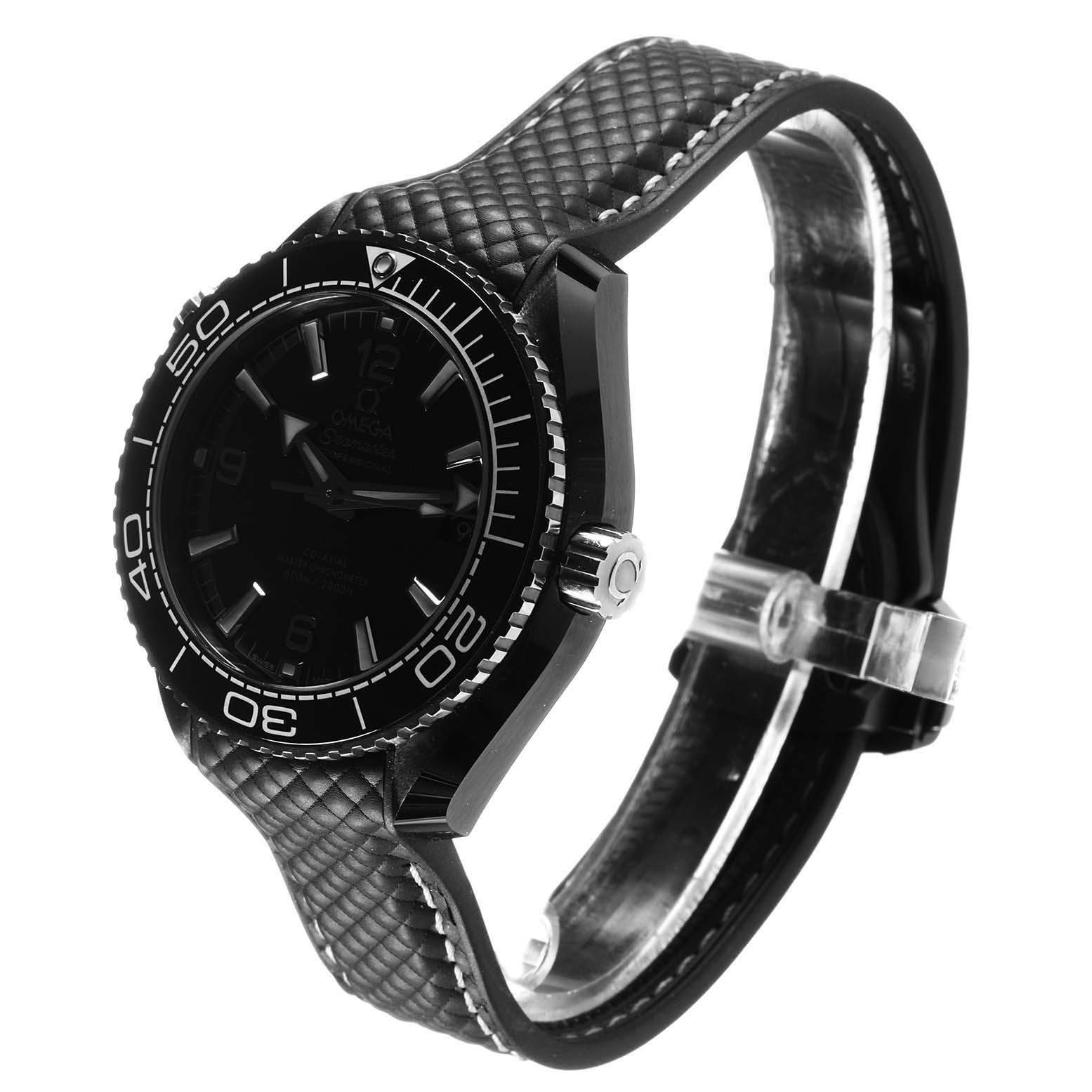 The Omega Planet Ocean 215.92.40.20.01.001 Men's Ceramic Black Dial watch is shown at a side angle, highlighting the bezel, crown, and textured strap.