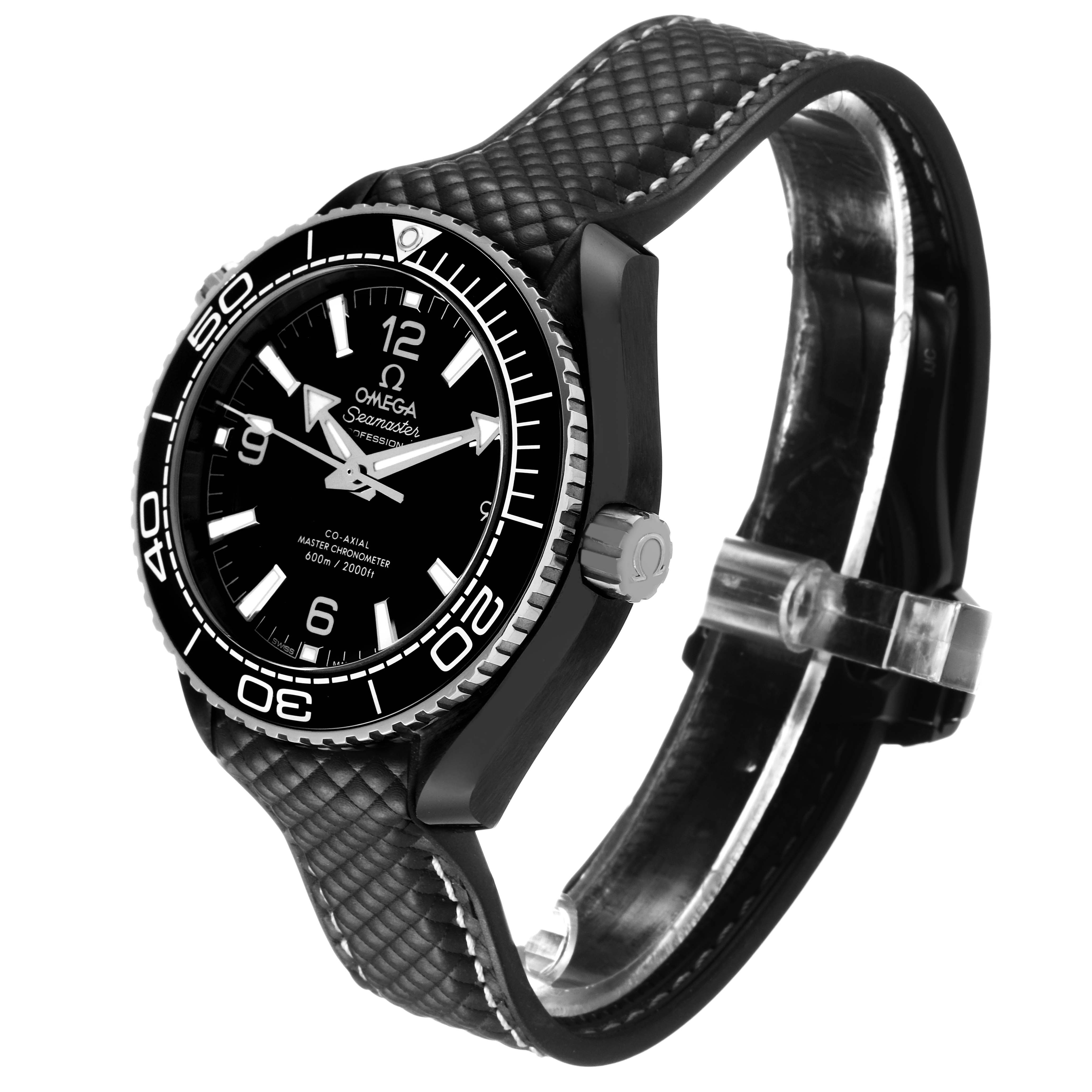 The Omega Planet Ocean 215.92.40.20.01.001 Men's Ceramic Black Dial watch is shown at a three-quarter angle, highlighting the face, bezel, crown, and textured strap.