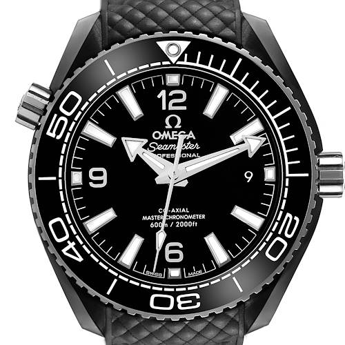 The Omega Planet Ocean 215.92.40.20.01.001 Men's Ceramic Black Dial watch is shown from a front angle, highlighting its face, bezel, and crown.