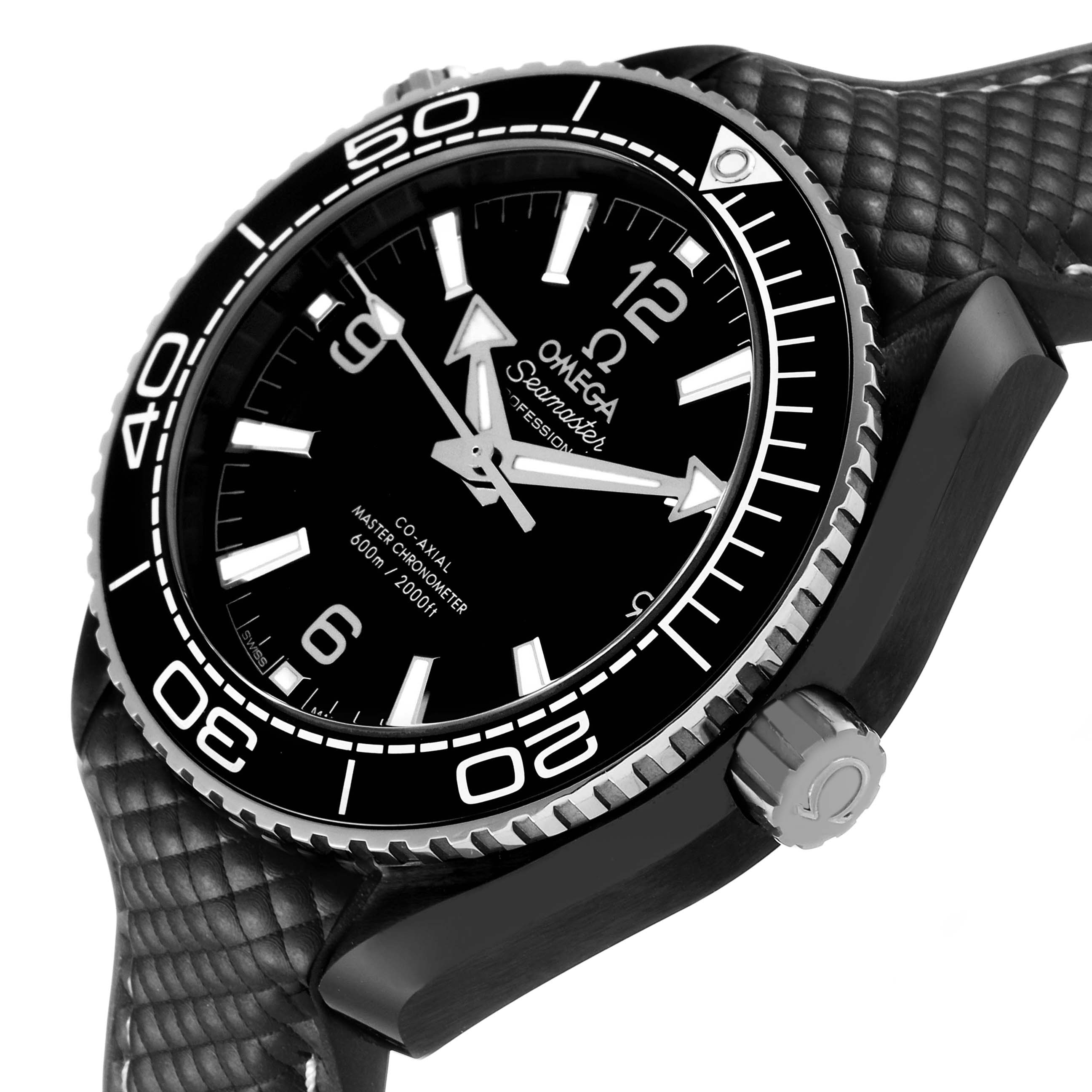 The Omega Planet Ocean 215.92.40.20.01.001 Men's Ceramic Black Dial watch is shown at an angled close-up, highlighting the bezel, crown, and textured strap.
