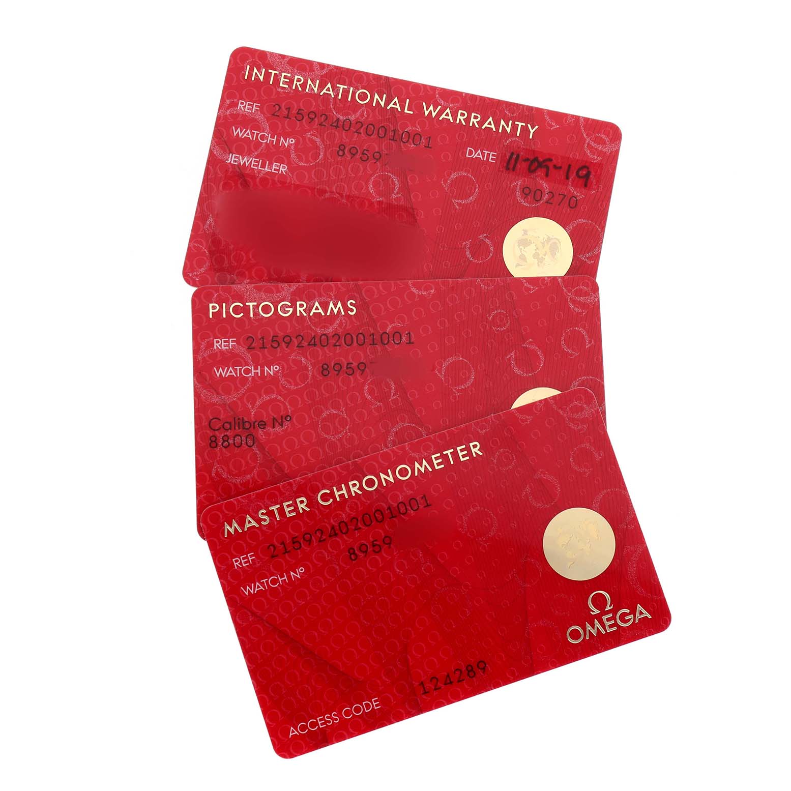 The image shows red warranty cards for the Omega Planet Ocean 215.92.40.20.01.001 Men's Ceramic Black Dial model, including International Warranty, Pictograms, and Master Chronometer.