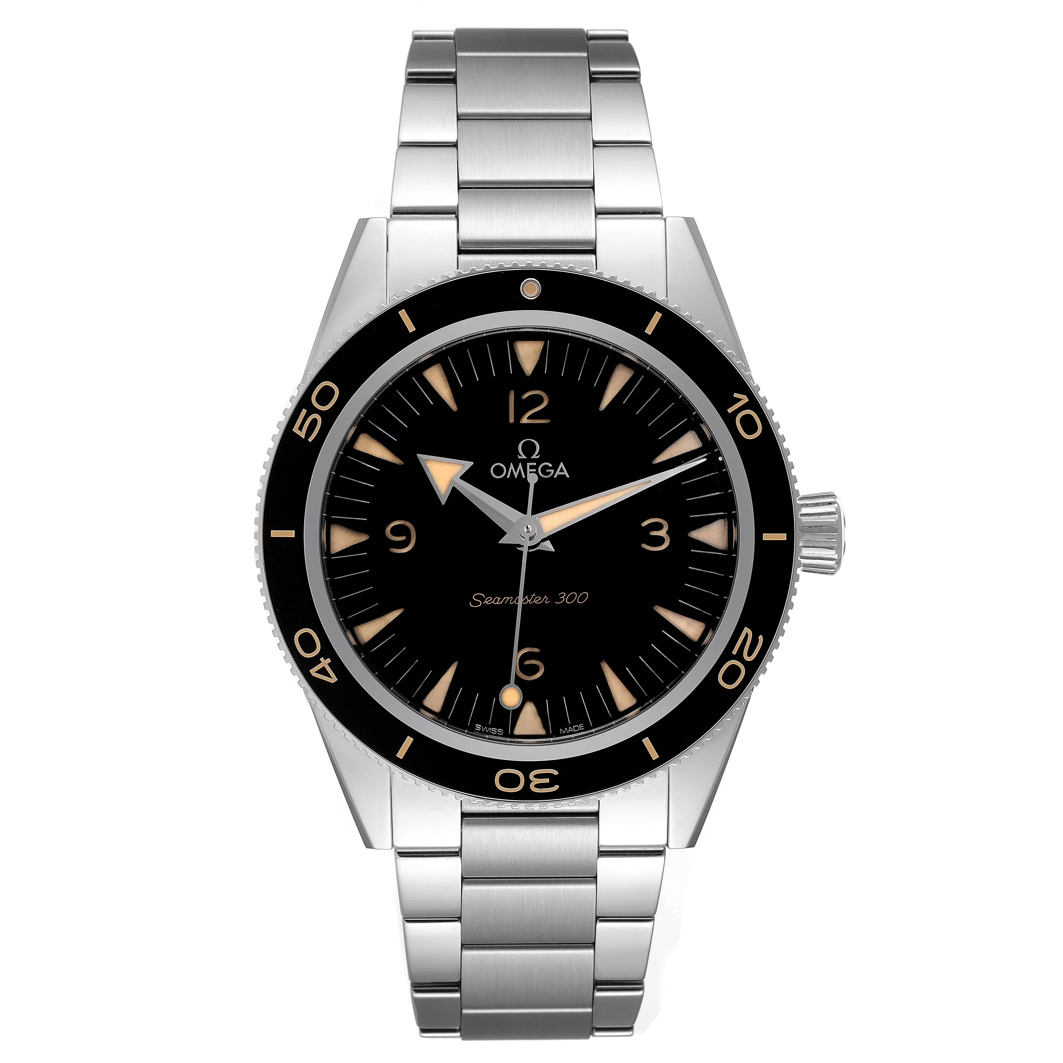 The image shows a front view of an Omega Seamaster 234.30.41.21.01.001 Men's Stainless Steel Black Dial 234.30.41.21.01.001 Men's Stainless Steel Black Dial watch, including the dial, bezel, and metal bracelet.