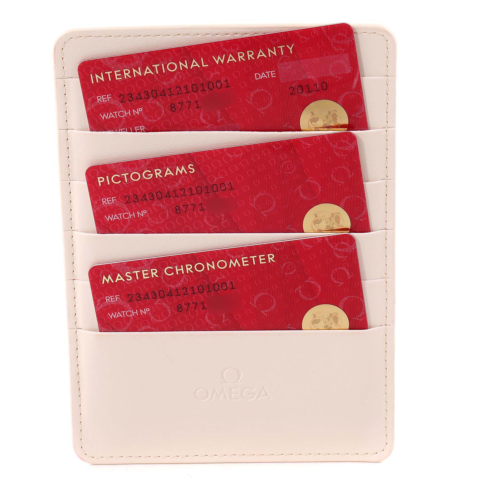 The image shows the warranty, pictograms, and Master Chronometer cards for an Omega Seamaster 234.30.41.21.01.001 Men's Stainless Steel Black Dial 234.30.41.21.01.001 Men's Stainless Steel Black Dial watch, displayed in a white cardholder.