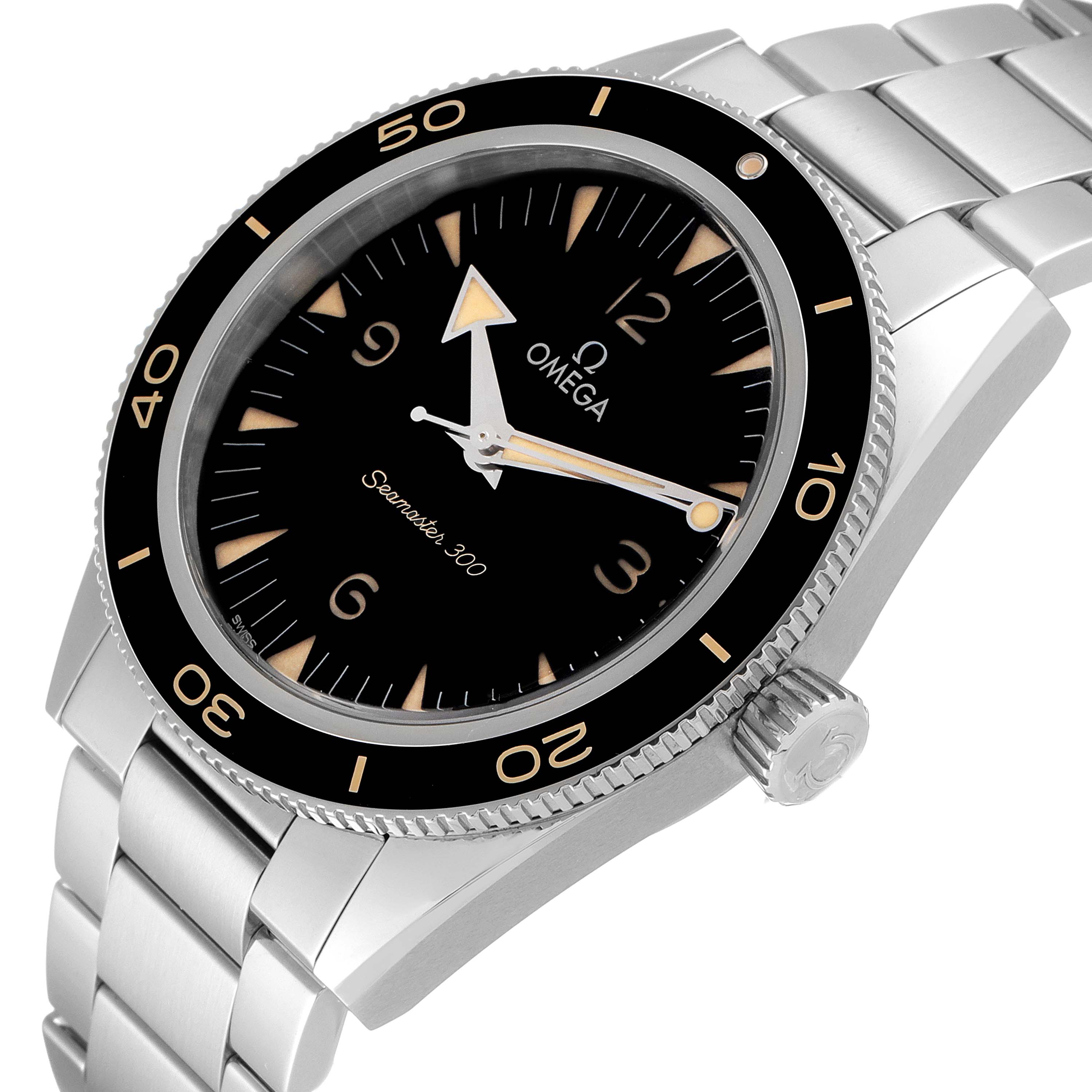 This image shows an Omega Seamaster 234.30.41.21.01.001 Men's Stainless Steel Black Dial 234.30.41.21.01.001 Men's Stainless Steel Black Dial 300 watch at an oblique angle highlighting the face, bezel, crown, and bracelet.