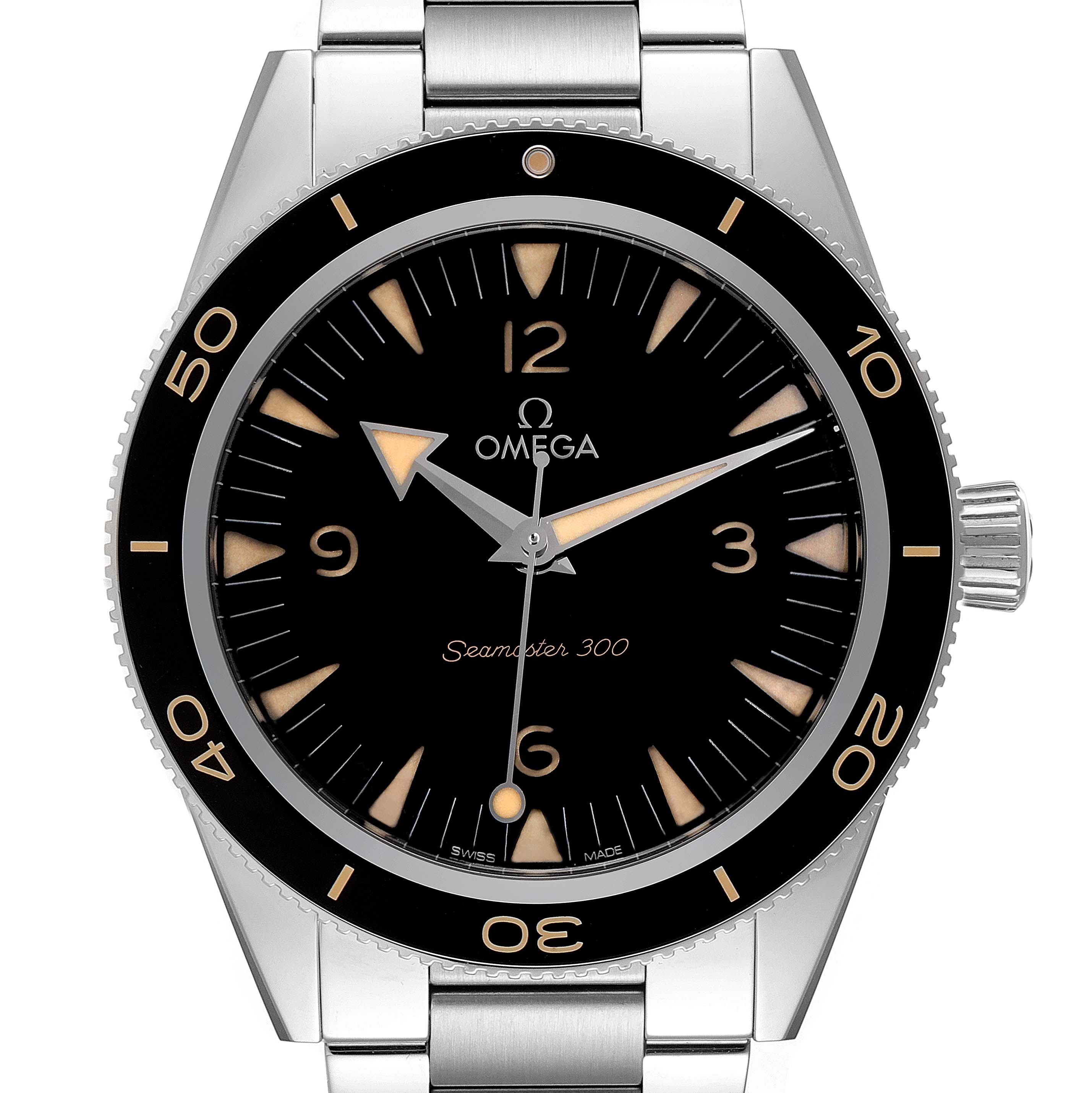 The image shows a front view of the Omega Seamaster 234.30.41.21.01.001 Men's Stainless Steel Black Dial 234.30.41.21.01.001 Men's Stainless Steel Black Dial 300, displaying the watch face, bezel, and part of the bracelet.
