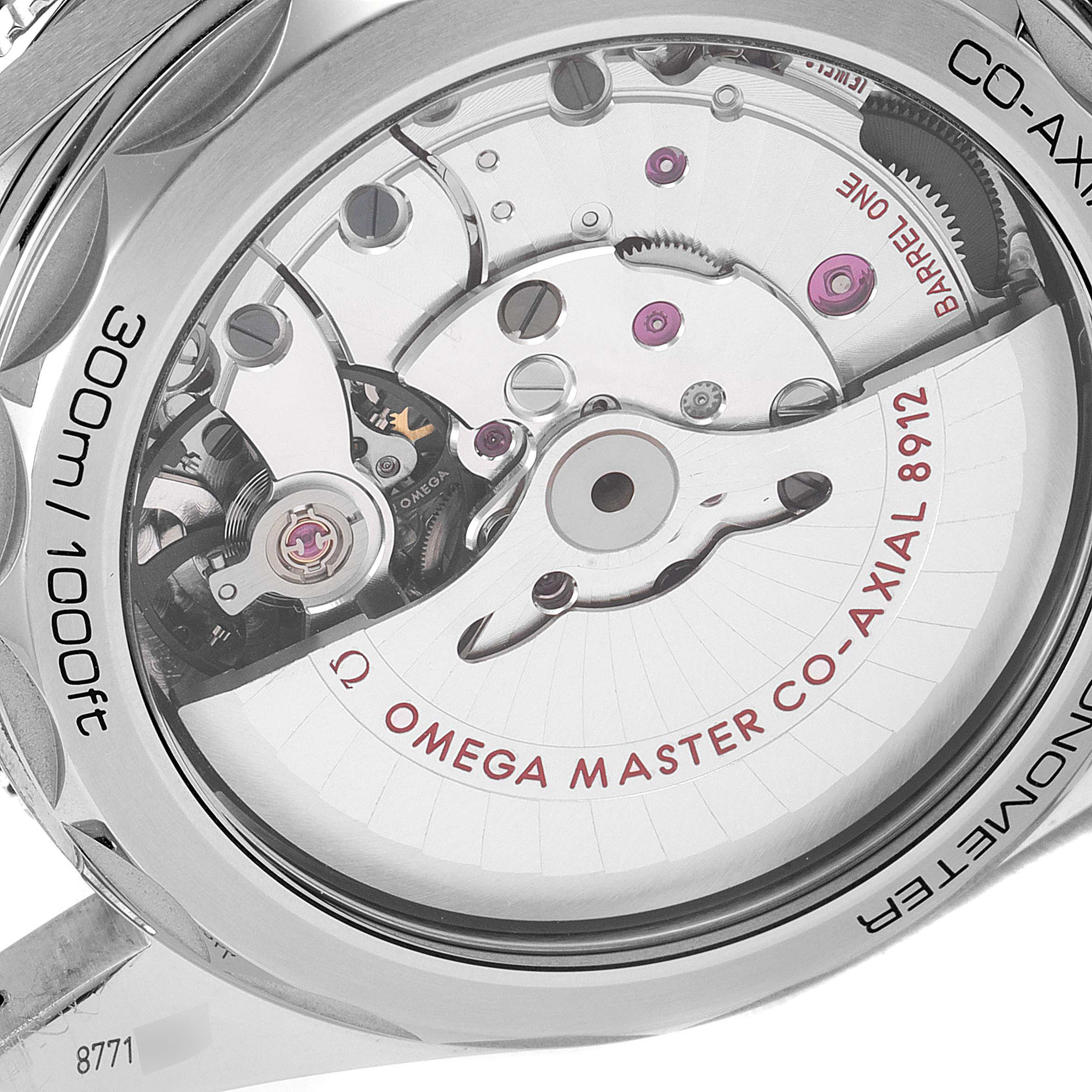 The image shows the back view of an Omega Seamaster 234.30.41.21.01.001 Men's Stainless Steel Black Dial 234.30.41.21.01.001 Men's Stainless Steel Black Dial watch, highlighting its co-axial movement and detailing.