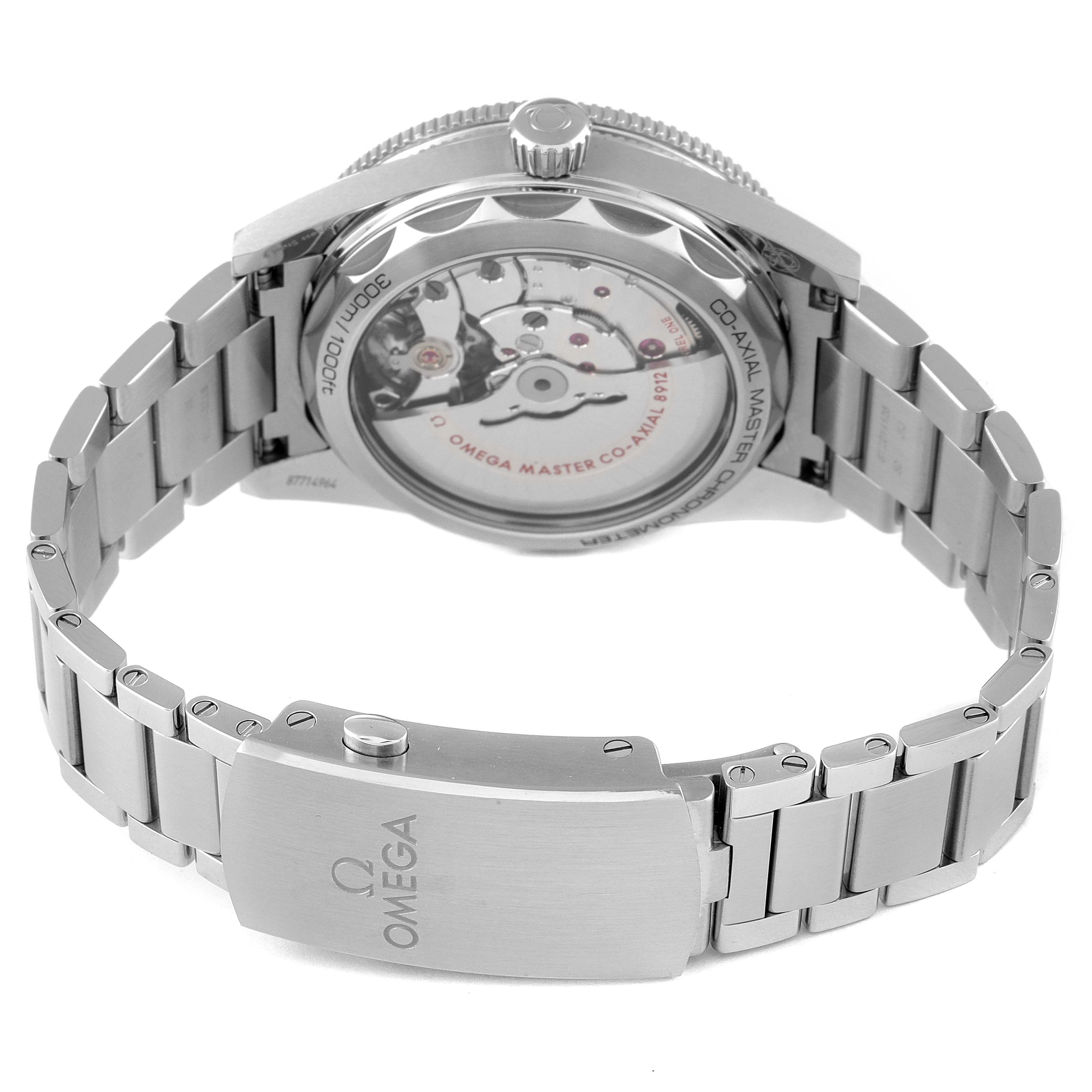 The image shows the back view of the Omega Seamaster 234.30.41.21.01.001 Men's Stainless Steel Black Dial 234.30.41.21.01.001 Men's Stainless Steel Black Dial watch, highlighting the transparent case back and metal bracelet.