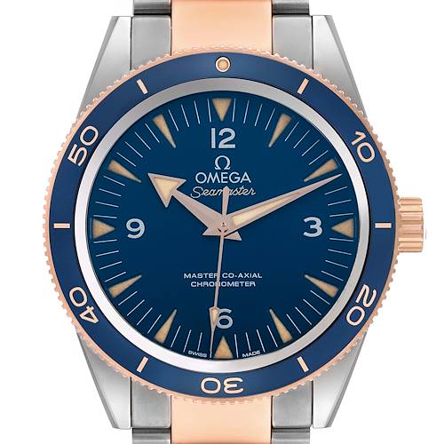 The Omega Seamaster 233.60.41.21.03.001 Men's Titanium Blue Dial watch is shown from the front, highlighting the dial, bezel, and part of the bracelet.