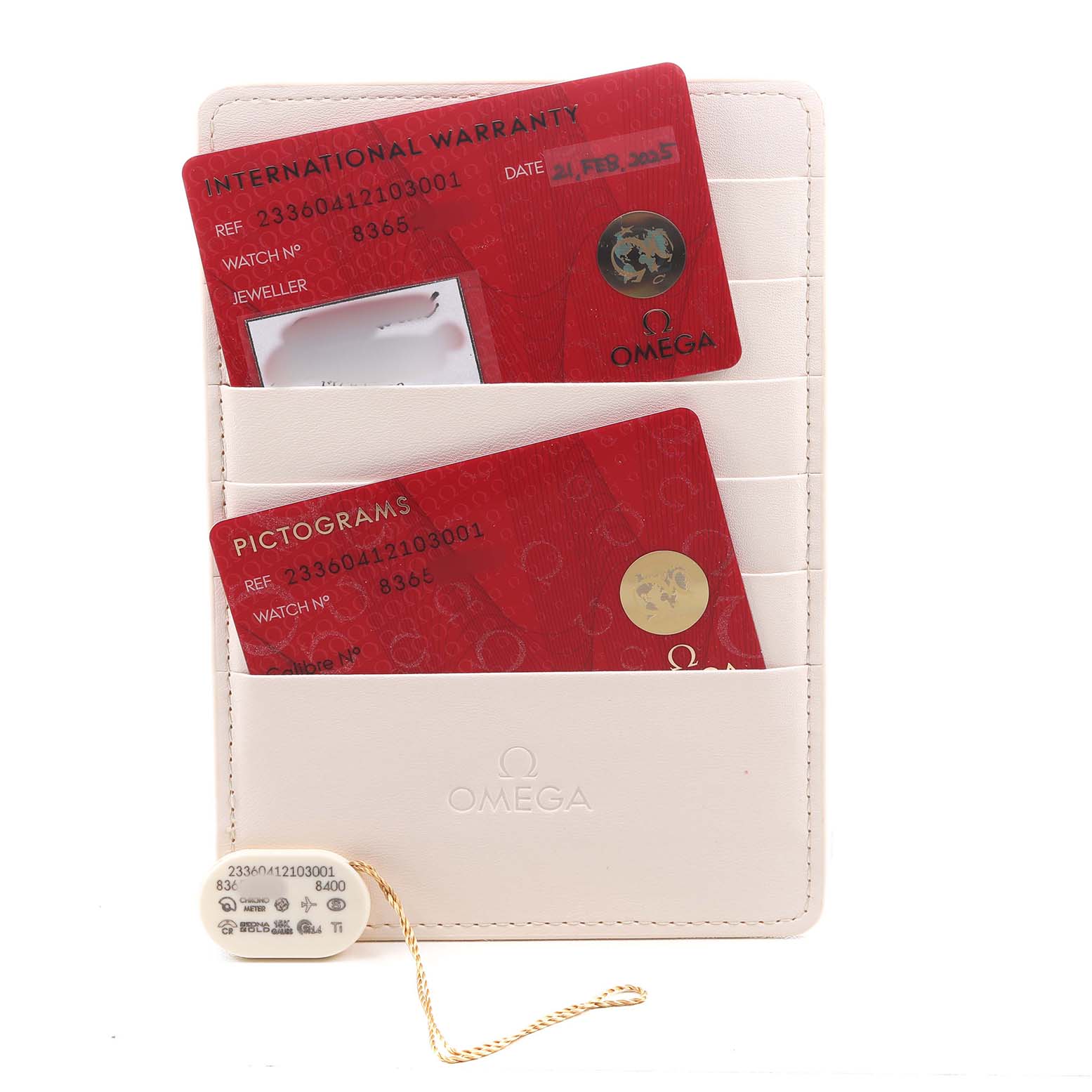 The image shows Omega Seamaster 233.60.41.21.03.001 Men's Titanium Blue Dial watch accessories, including warranty and pictogram cards in a holder.