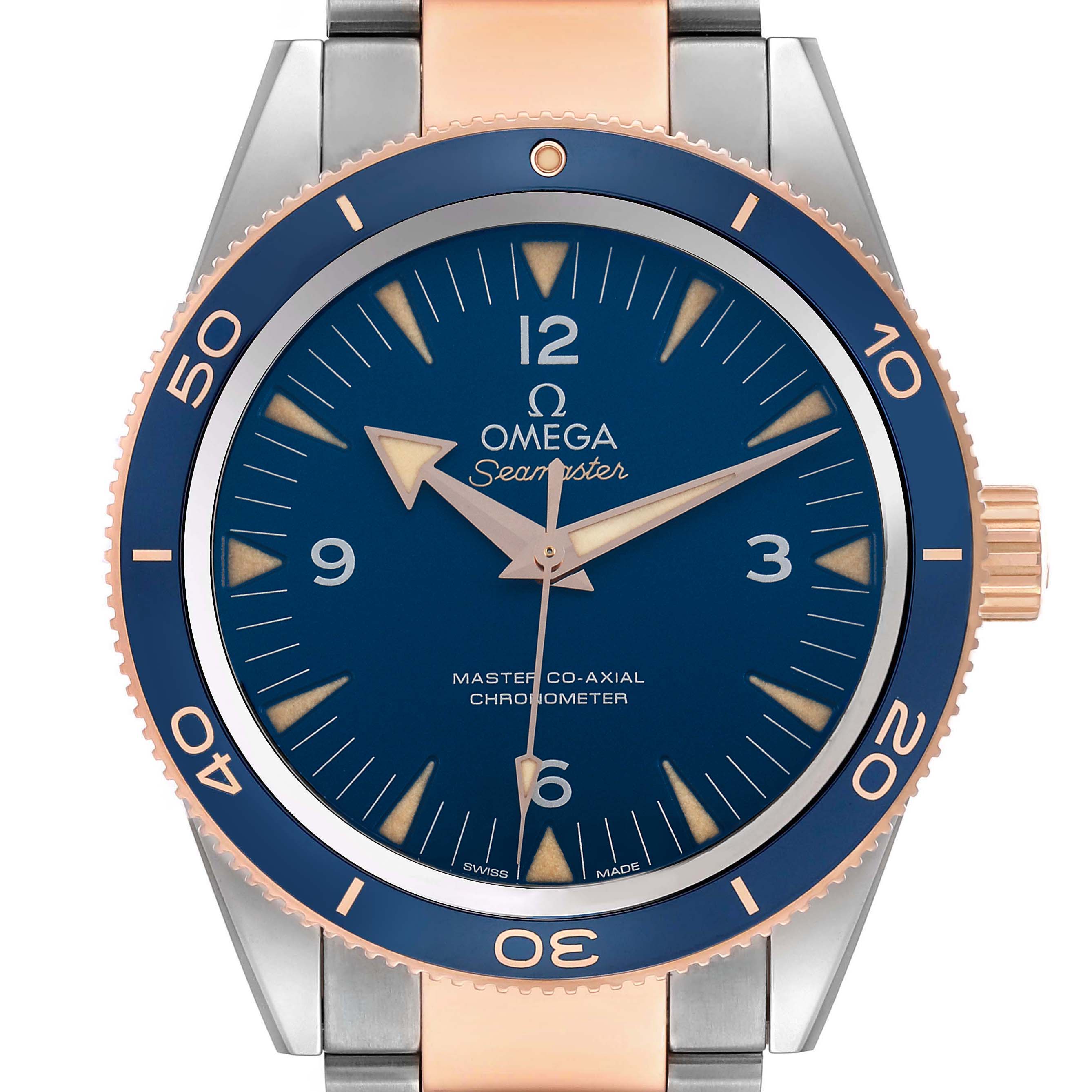 The Omega Seamaster 233.60.41.21.03.001 Men's Titanium Blue Dial watch is shown from a front angle, highlighting its bezel, dial, hands, and crown.
