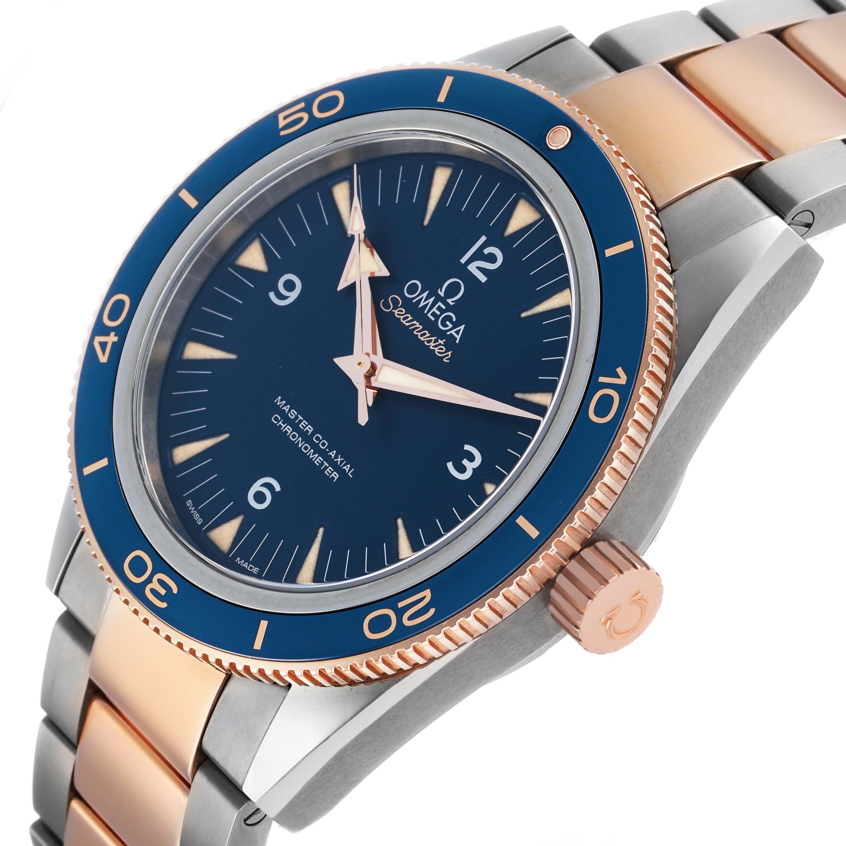 The image shows a side-angle view of an Omega Seamaster 233.60.41.21.03.001 Men's Titanium Blue Dial watch, highlighting the blue bezel, dial, and two-tone bracelet.