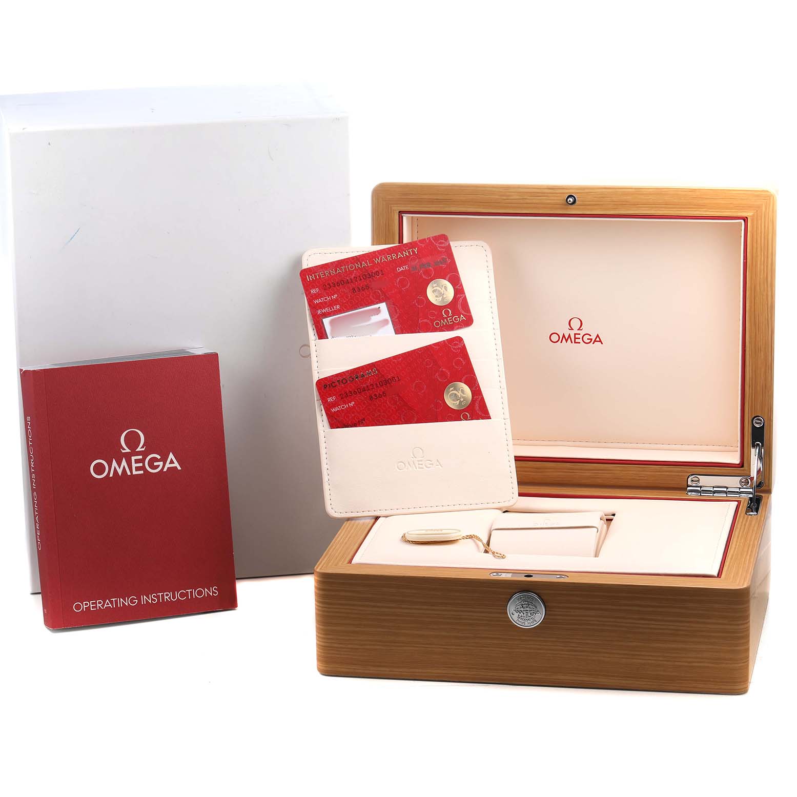 The image shows an Omega Seamaster 233.60.41.21.03.001 Men's Titanium Blue Dial box, warranty cards, and instruction manual, with the box lid open.