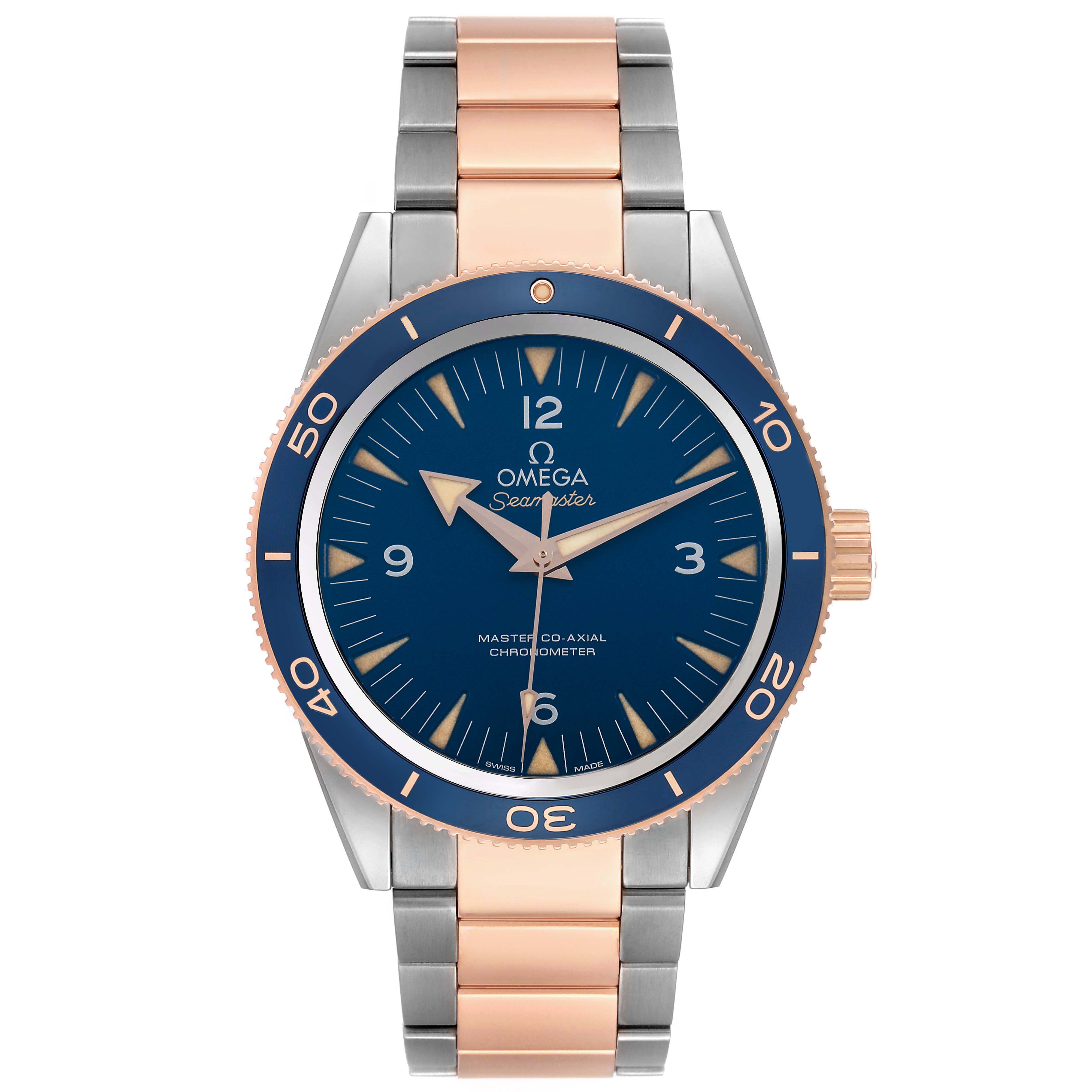 The Omega Seamaster 233.60.41.21.03.001 Men's Titanium Blue Dial watch is shown from the front, displaying the dial, bezel, and two-tone bracelet.