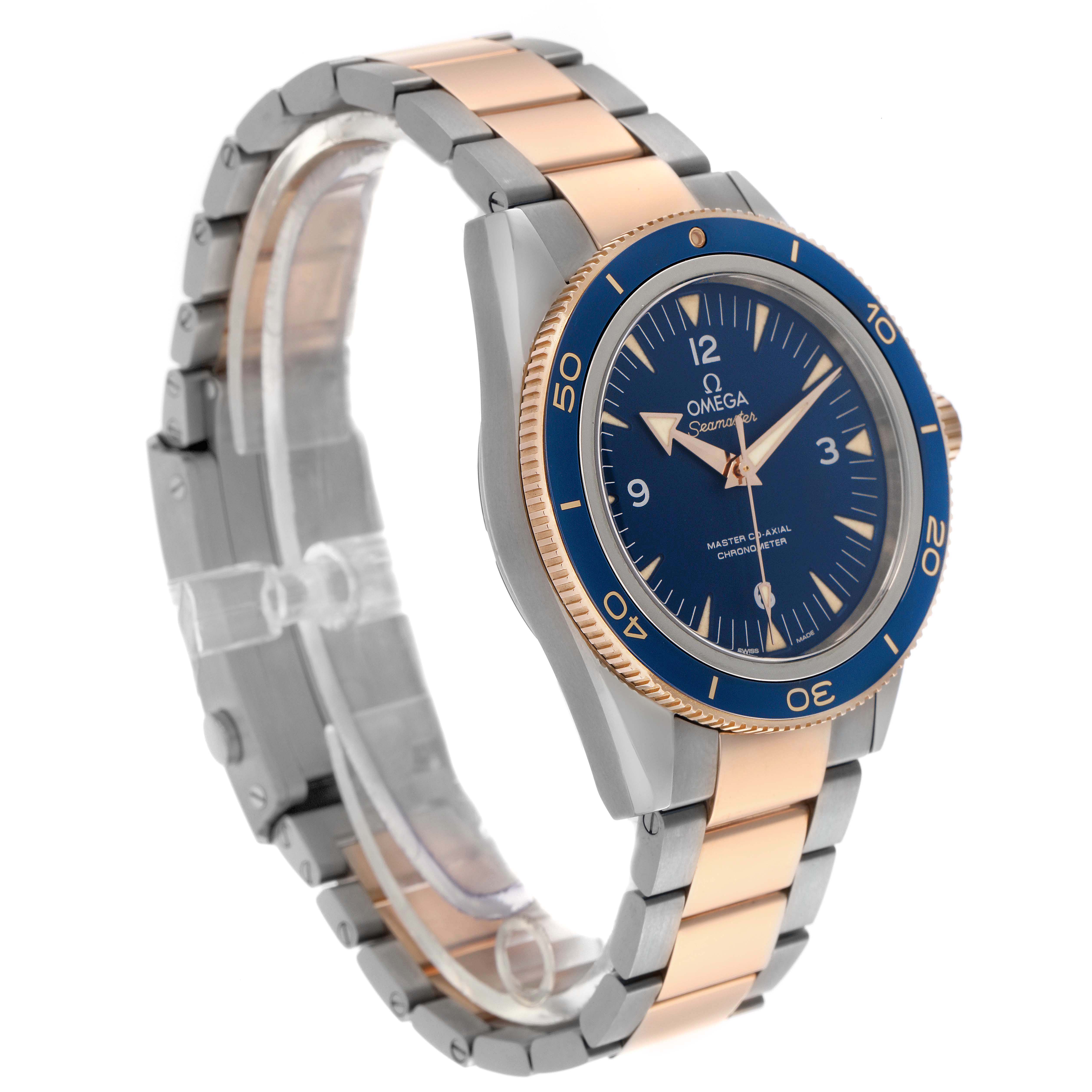 The Omega Seamaster 233.60.41.21.03.001 Men's Titanium Blue Dial watch is shown at a three-quarter angle, highlighting the blue dial, bezel, and two-tone bracelet.