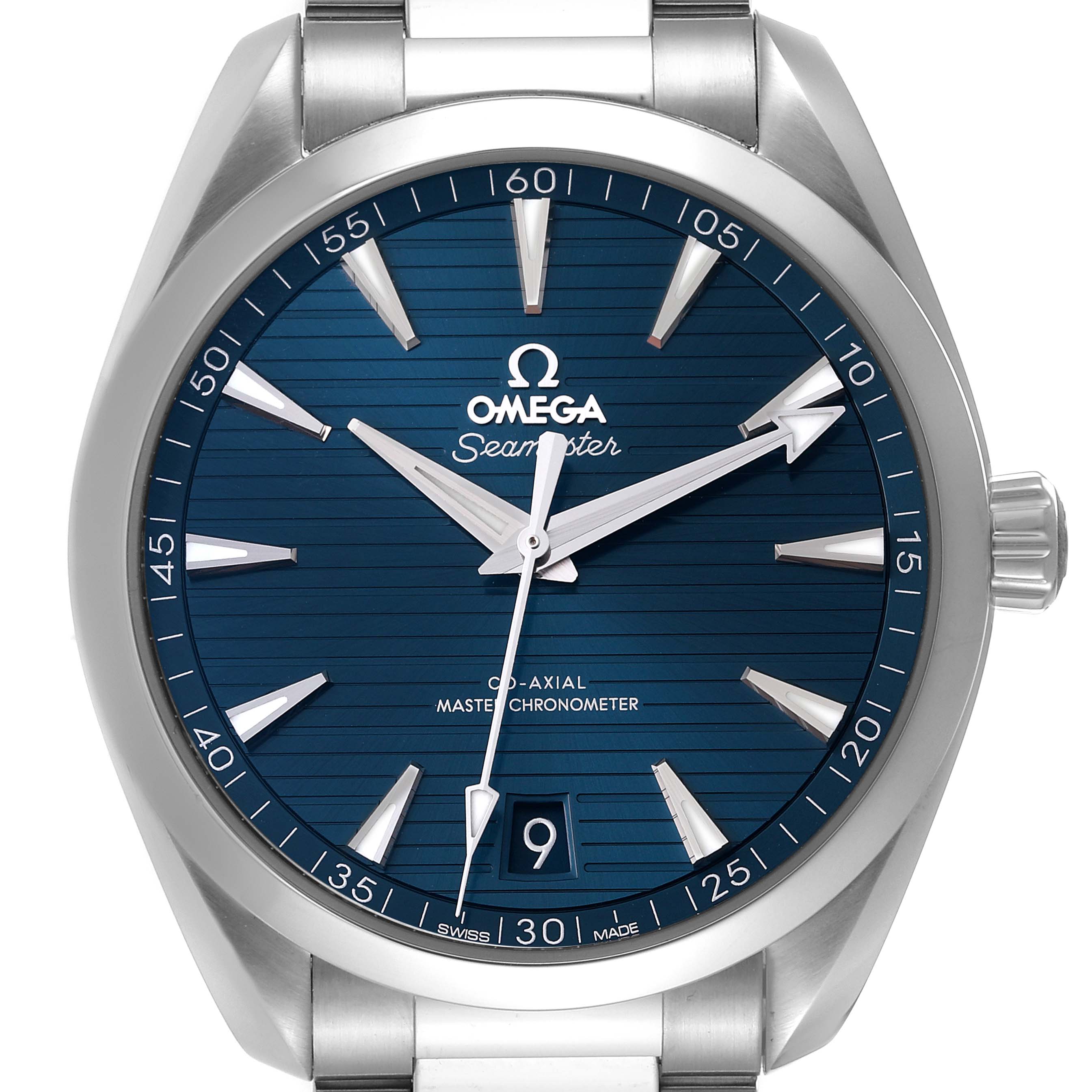 The image shows a front view of the Omega Aqua Terra 220.10.41.21.03.004 Men
s Stainless Steel Blue Dial 220.10.41.21.03.004 Men
s Stainless Steel Blue Dial watch displaying the dial, date window, and crown.