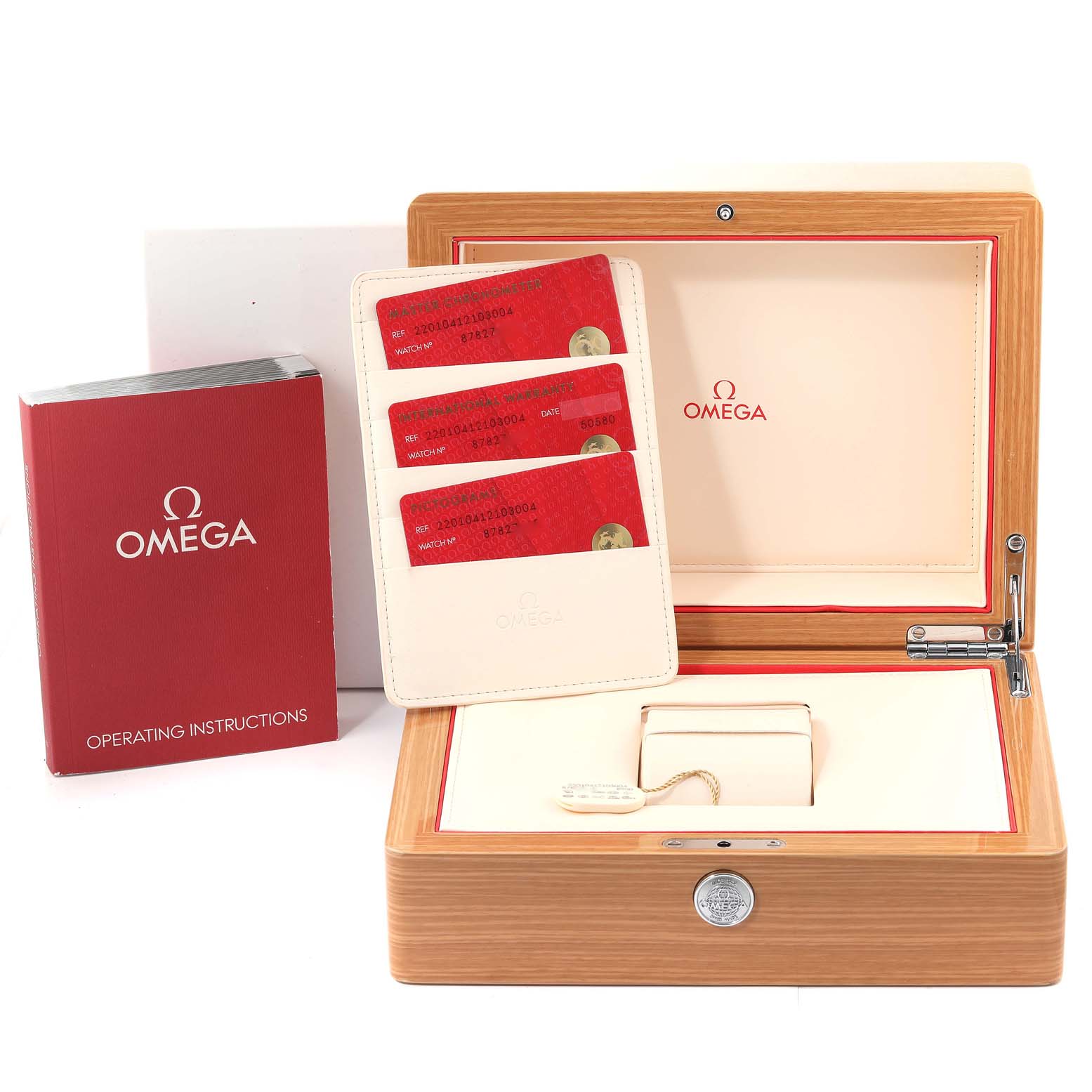 The image shows the packaging and accessories of an Omega Aqua Terra 220.10.41.21.03.004 Men
s Stainless Steel Blue Dial 220.10.41.21.03.004 Men
s Stainless Steel Blue Dial, including the watch box, cards, and operating instructions.