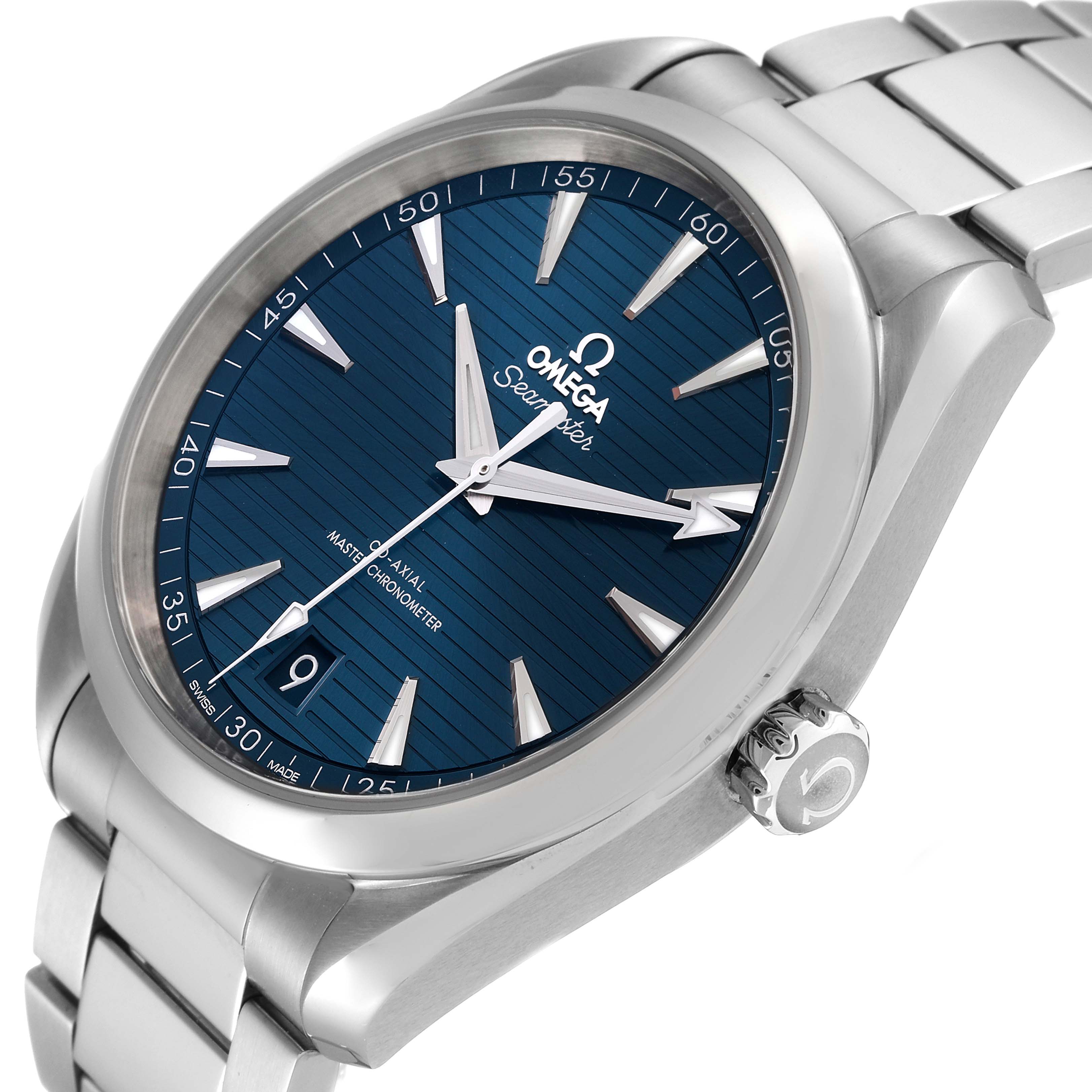 This image shows a close-up angled view of the front of an Omega Aqua Terra 220.10.41.21.03.004 Men
s Stainless Steel Blue Dial 220.10.41.21.03.004 Men
s Stainless Steel Blue Dial watch, highlighting the dial, crown, and bracelet.