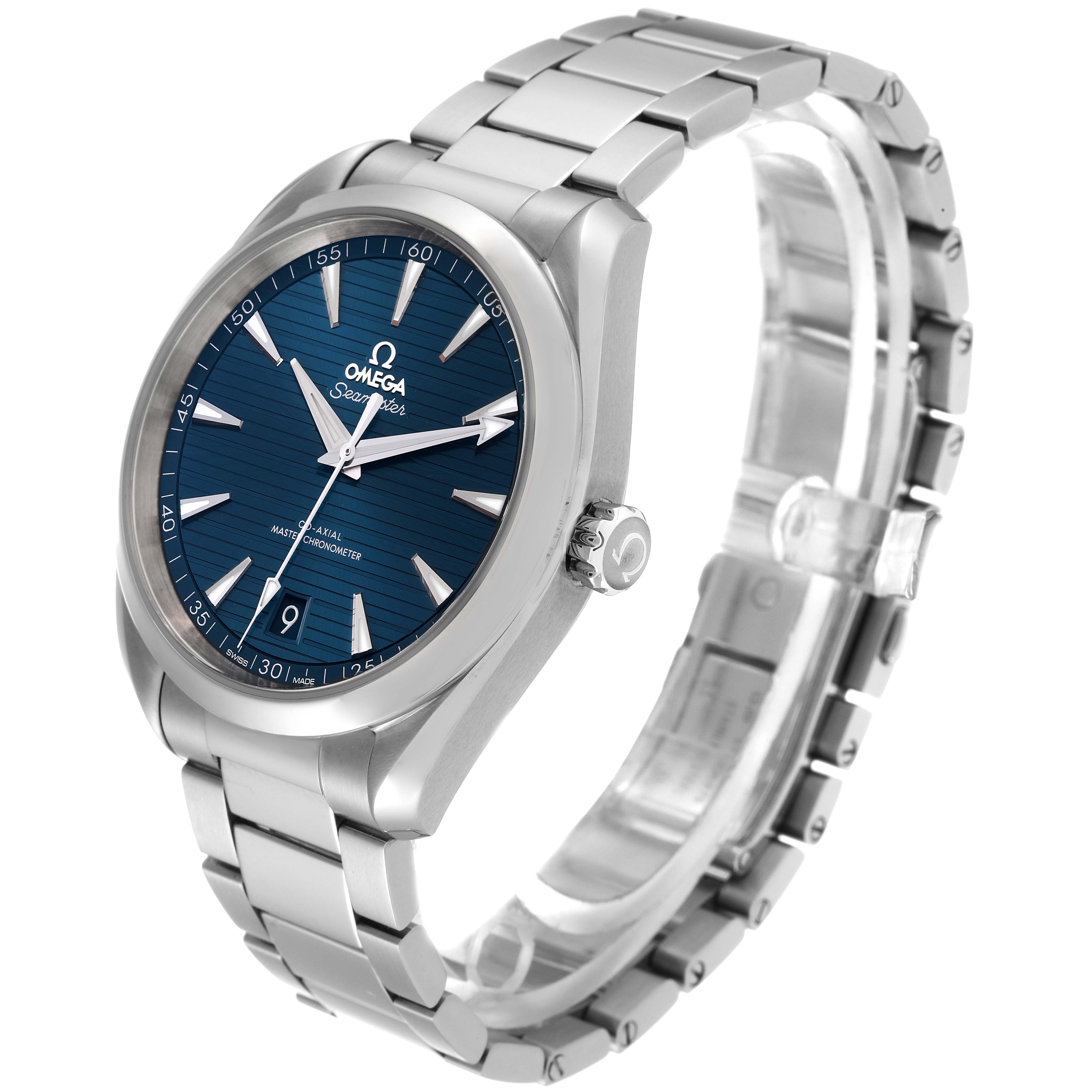 The image shows an Omega Aqua Terra 220.10.41.21.03.004 Men
s Stainless Steel Blue Dial 220.10.41.21.03.004 Men
s Stainless Steel Blue Dial watch angled from the front and slightly to the side, highlighting the bracelet and dial.