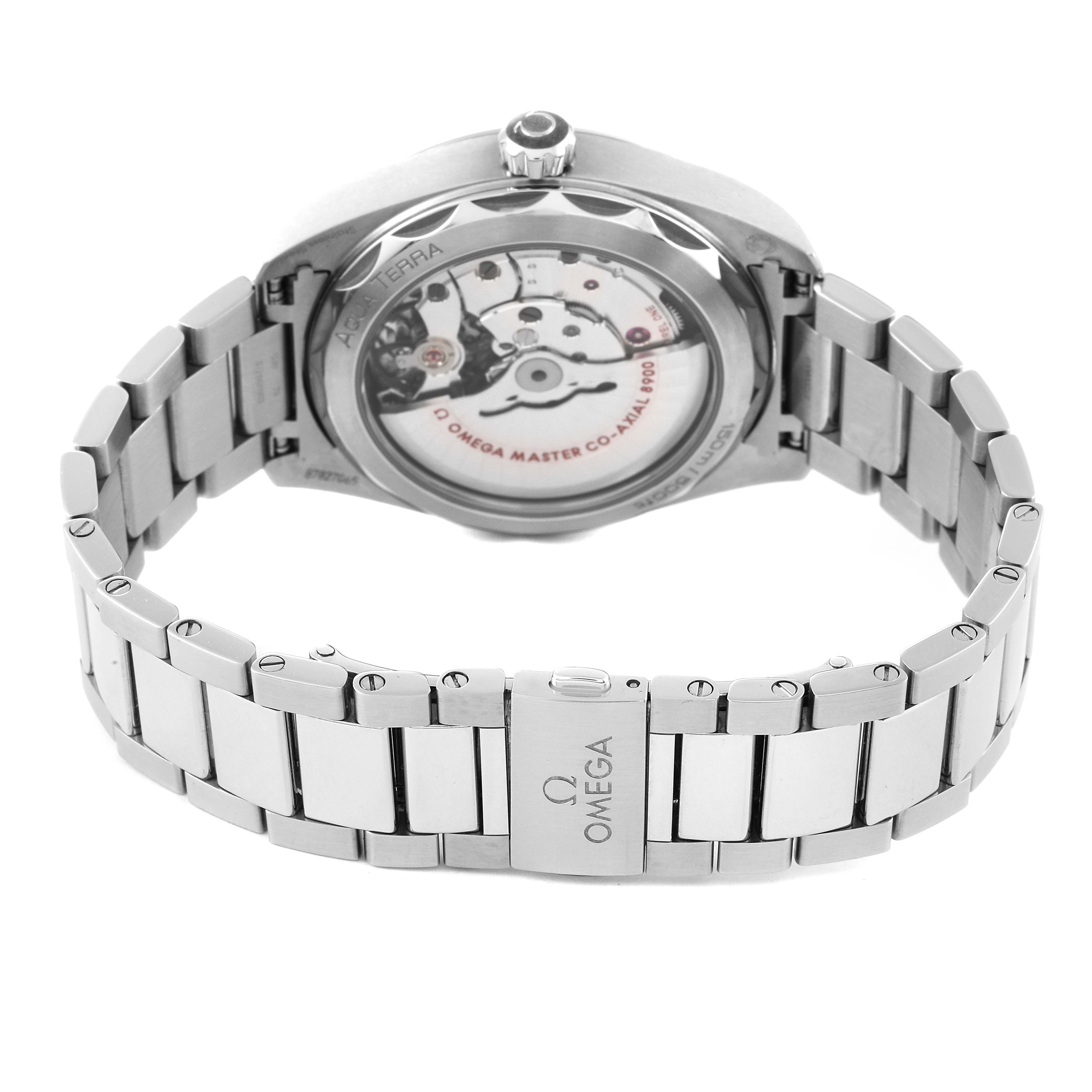 This image shows the back of the Omega Aqua Terra 220.10.41.21.03.004 Men
s Stainless Steel Blue Dial 220.10.41.21.03.004 Men
s Stainless Steel Blue Dial watch, highlighting the bracelet and the visible movement through the sapphire case back.