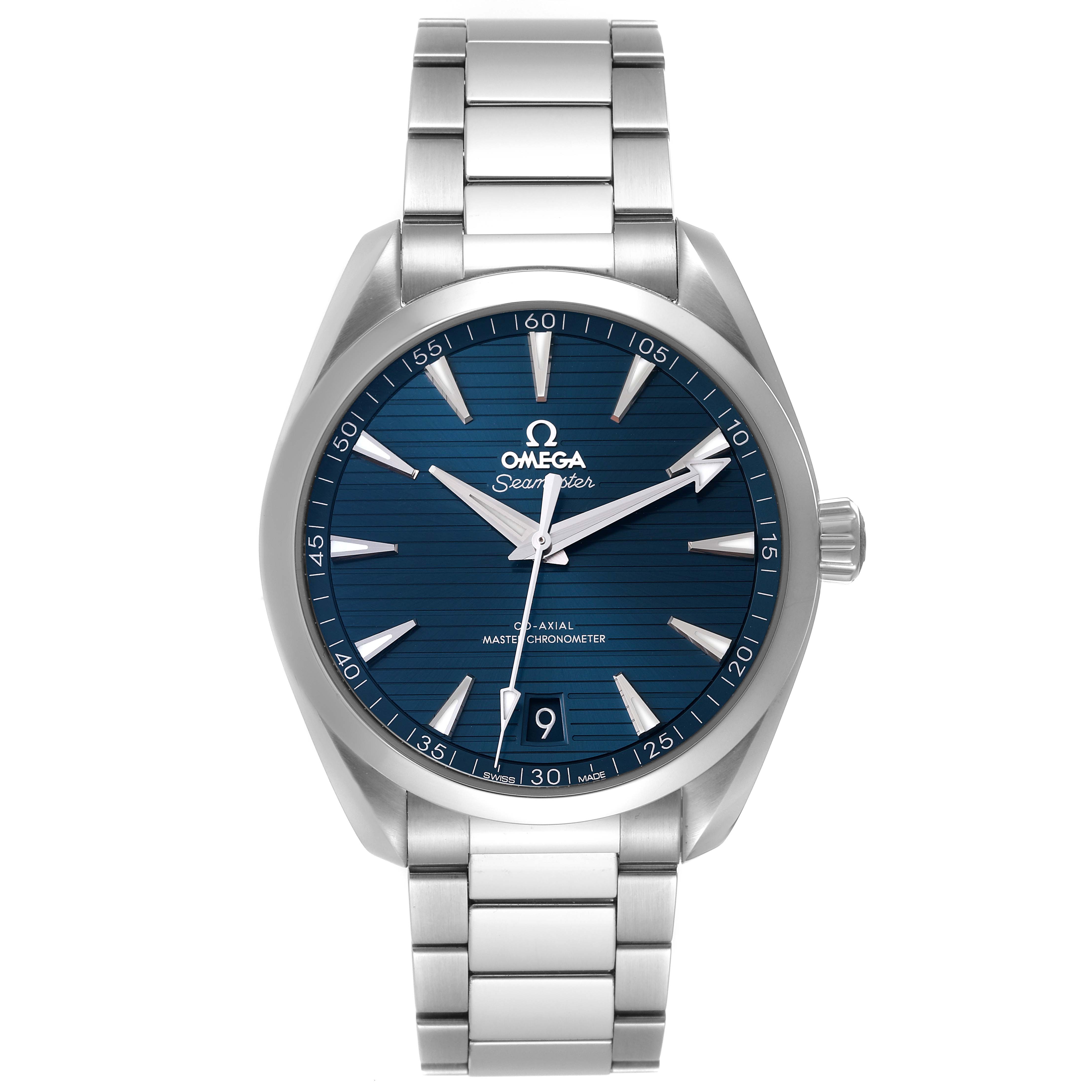 The image shows a front view of an Omega Aqua Terra 220.10.41.21.03.004 Men
s Stainless Steel Blue Dial 220.10.41.21.03.004 Men
s Stainless Steel Blue Dial watch, highlighting its blue dial, silver hands, and metal bracelet.