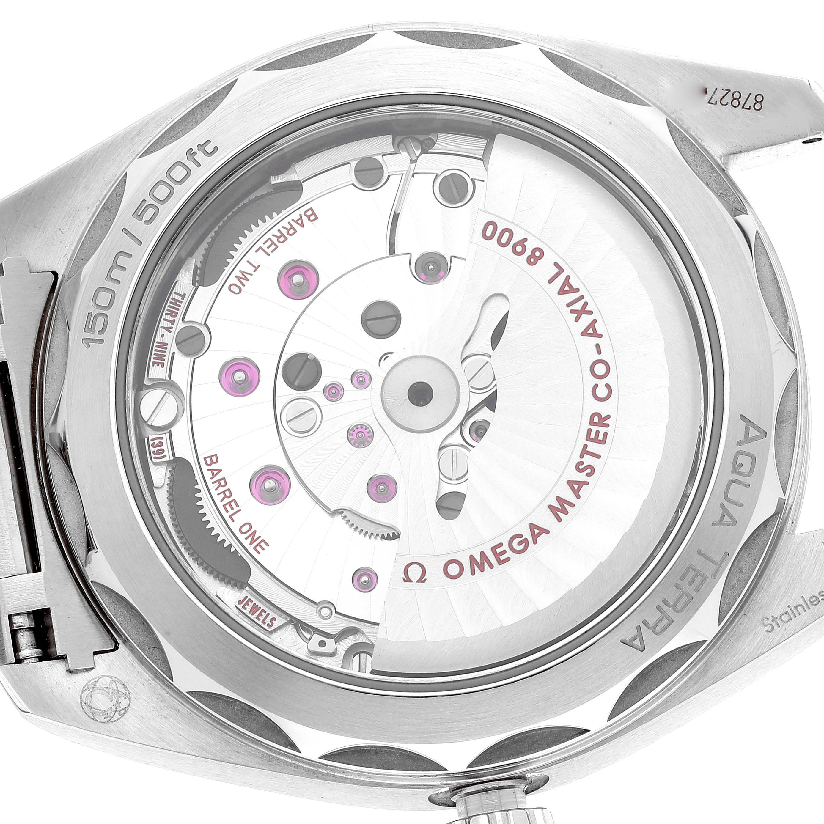 The image shows the back view of the Omega Aqua Terra 220.10.41.21.03.004 Men
s Stainless Steel Blue Dial 220.10.41.21.03.004 Men
s Stainless Steel Blue Dial watch, highlighting its internal mechanism and engravings.