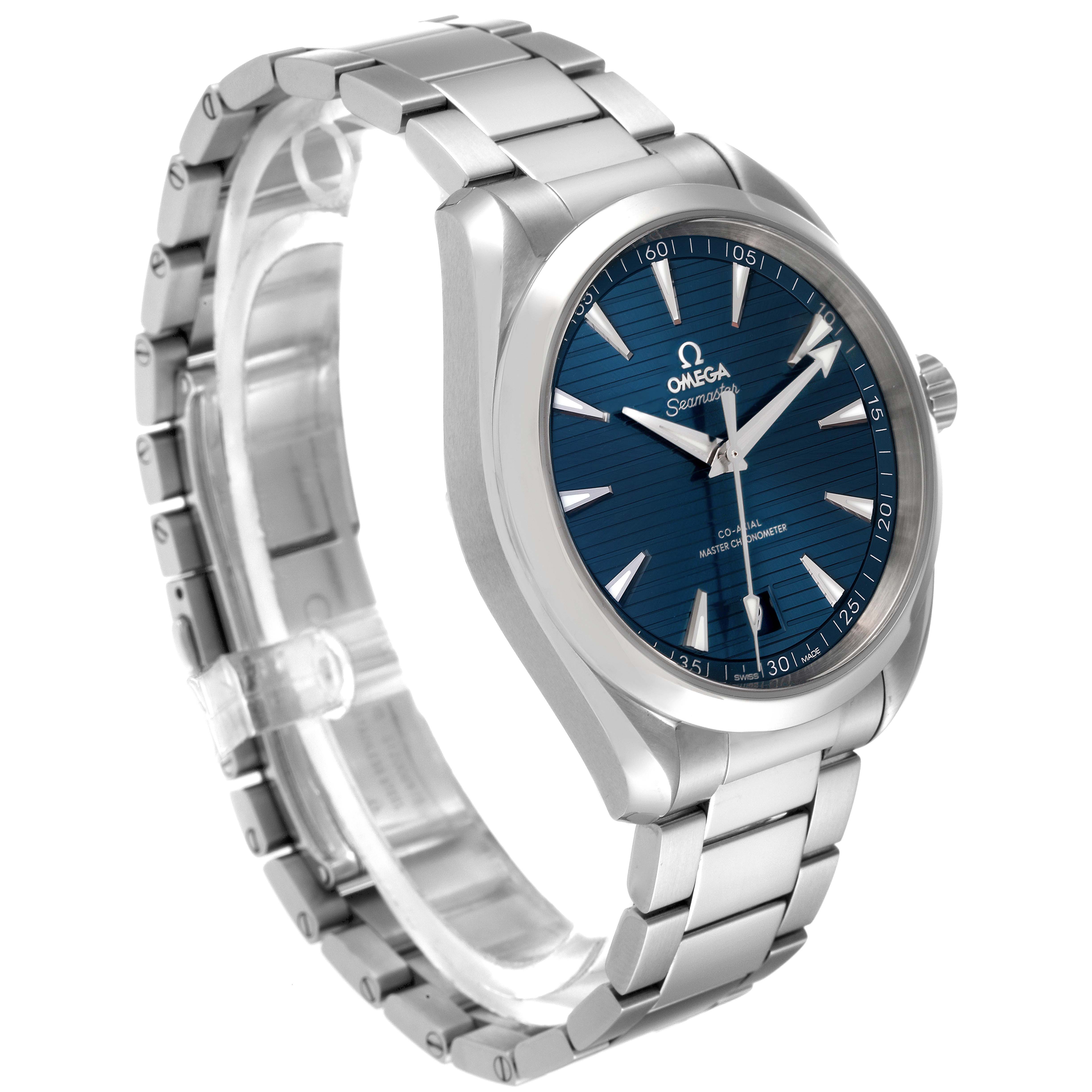 The image shows the Omega Aqua Terra 220.10.41.21.03.004 Men
s Stainless Steel Blue Dial 220.10.41.21.03.004 Men
s Stainless Steel Blue Dial watch at an angled front view highlighting its blue dial and metal bracelet.