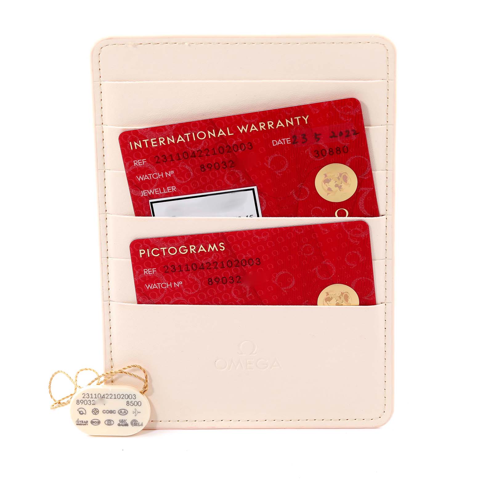 The image shows the warranty cards and tag of an Omega Aqua Terra 231.10.42.21.02.003 Men's Stainless Steel Silver Dial 231.10.42.21.02.003 Men's Stainless Steel Silver Dial model placed in a beige cardholder.