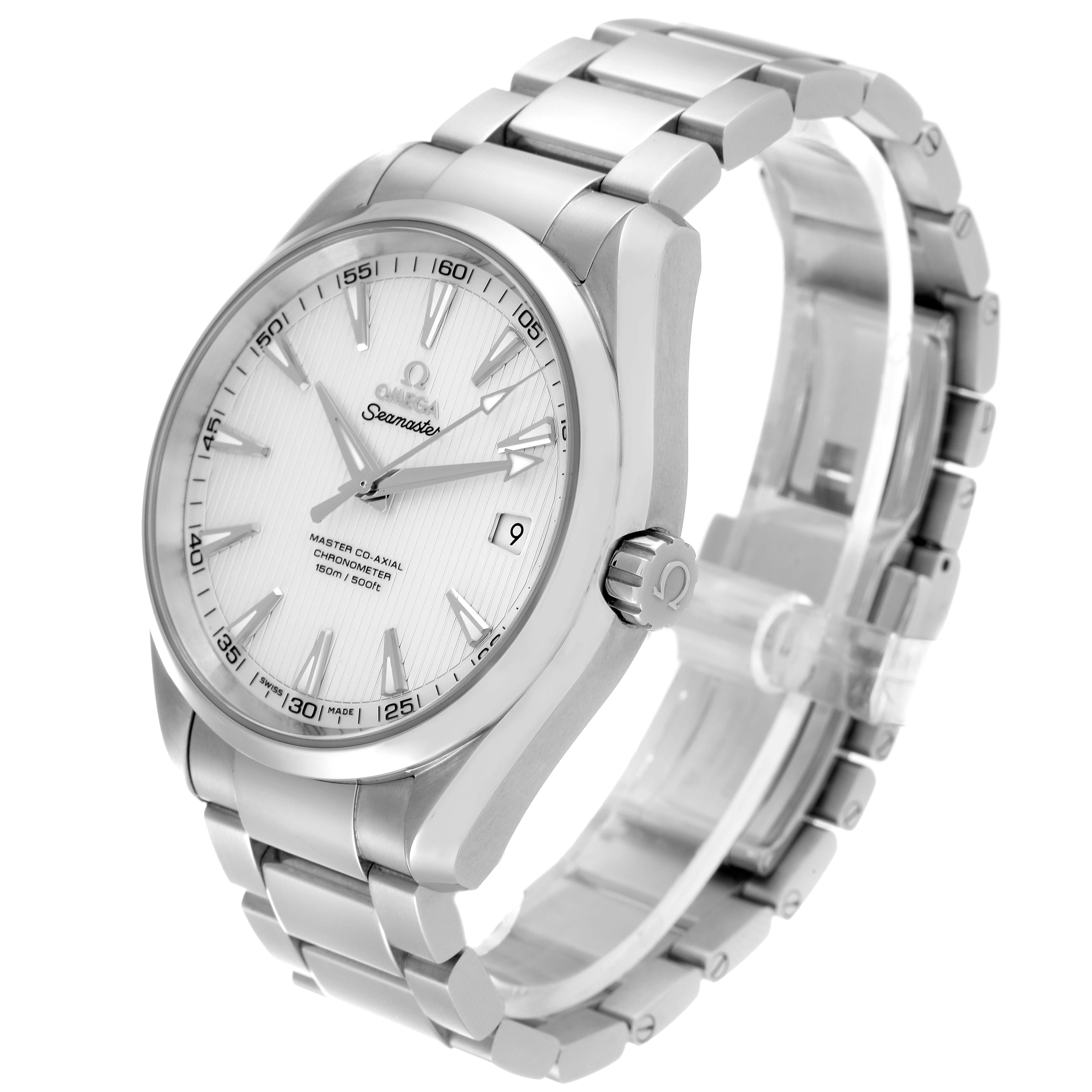 The image shows a side and front angle of an Omega Aqua Terra 231.10.42.21.02.003 Men's Stainless Steel Silver Dial 231.10.42.21.02.003 Men's Stainless Steel Silver Dial watch, displaying the dial, crown, and bracelet.