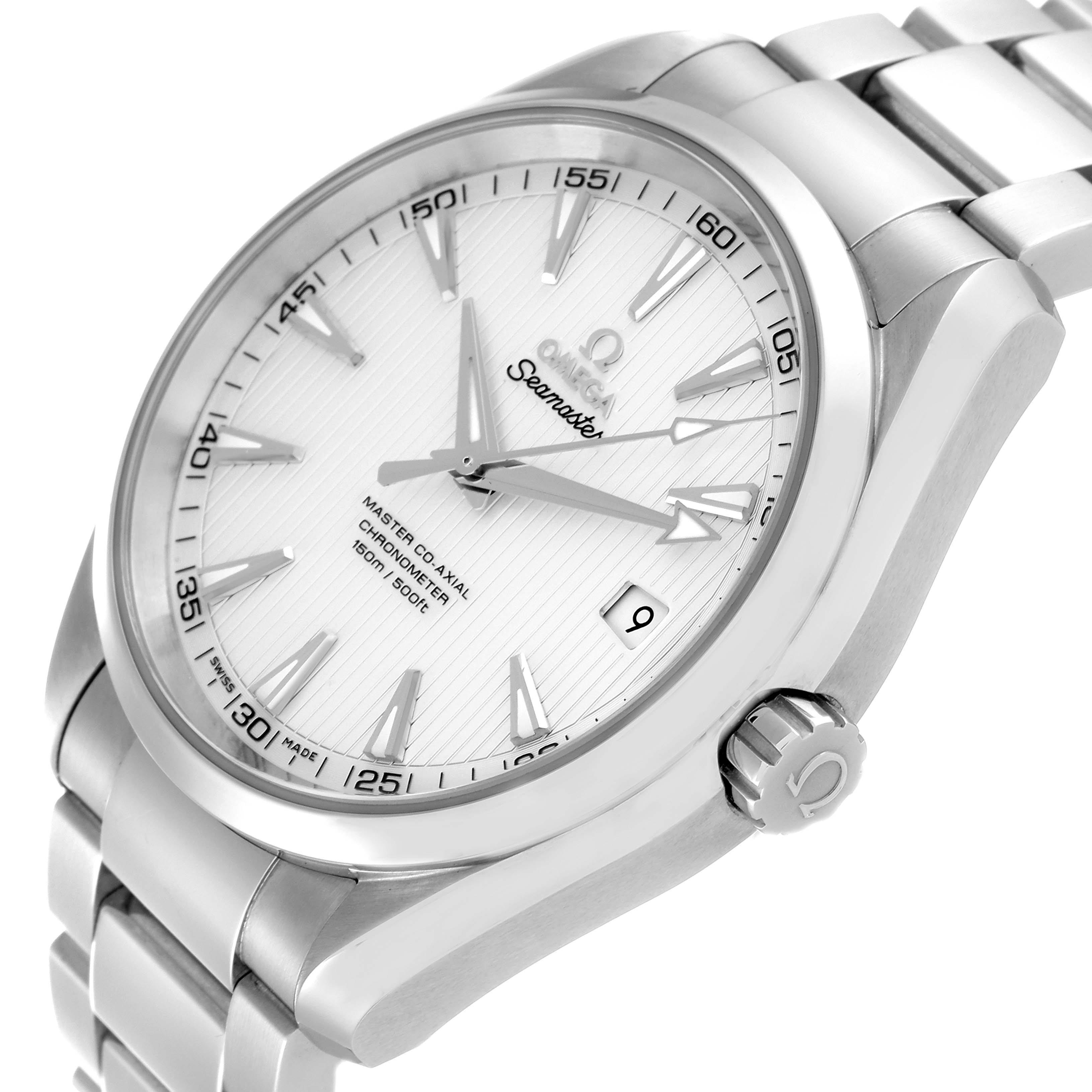 The image shows a close-up of the dial, case, and part of the bracelet of the Omega Aqua Terra 231.10.42.21.02.003 Men's Stainless Steel Silver Dial 231.10.42.21.02.003 Men's Stainless Steel Silver Dial watch.