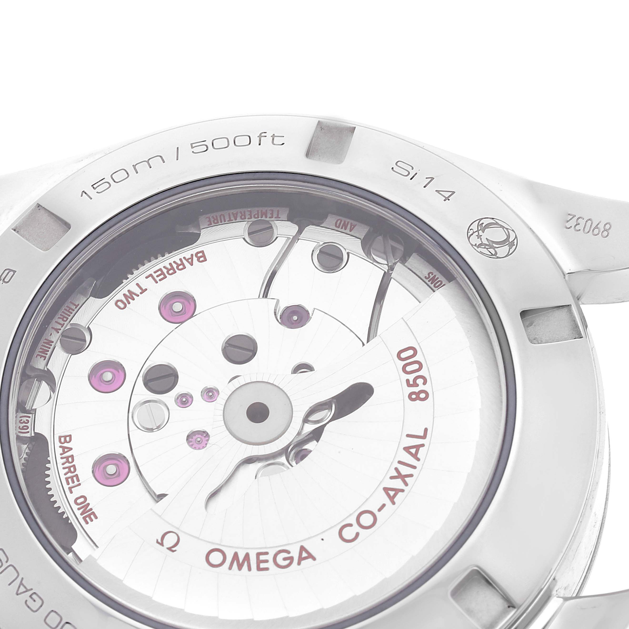 The image shows the back of the Omega Aqua Terra 231.10.42.21.02.003 Men's Stainless Steel Silver Dial 231.10.42.21.02.003 Men's Stainless Steel Silver Dial watch, revealing its Co-Axial 8500 movement and other internal components.
