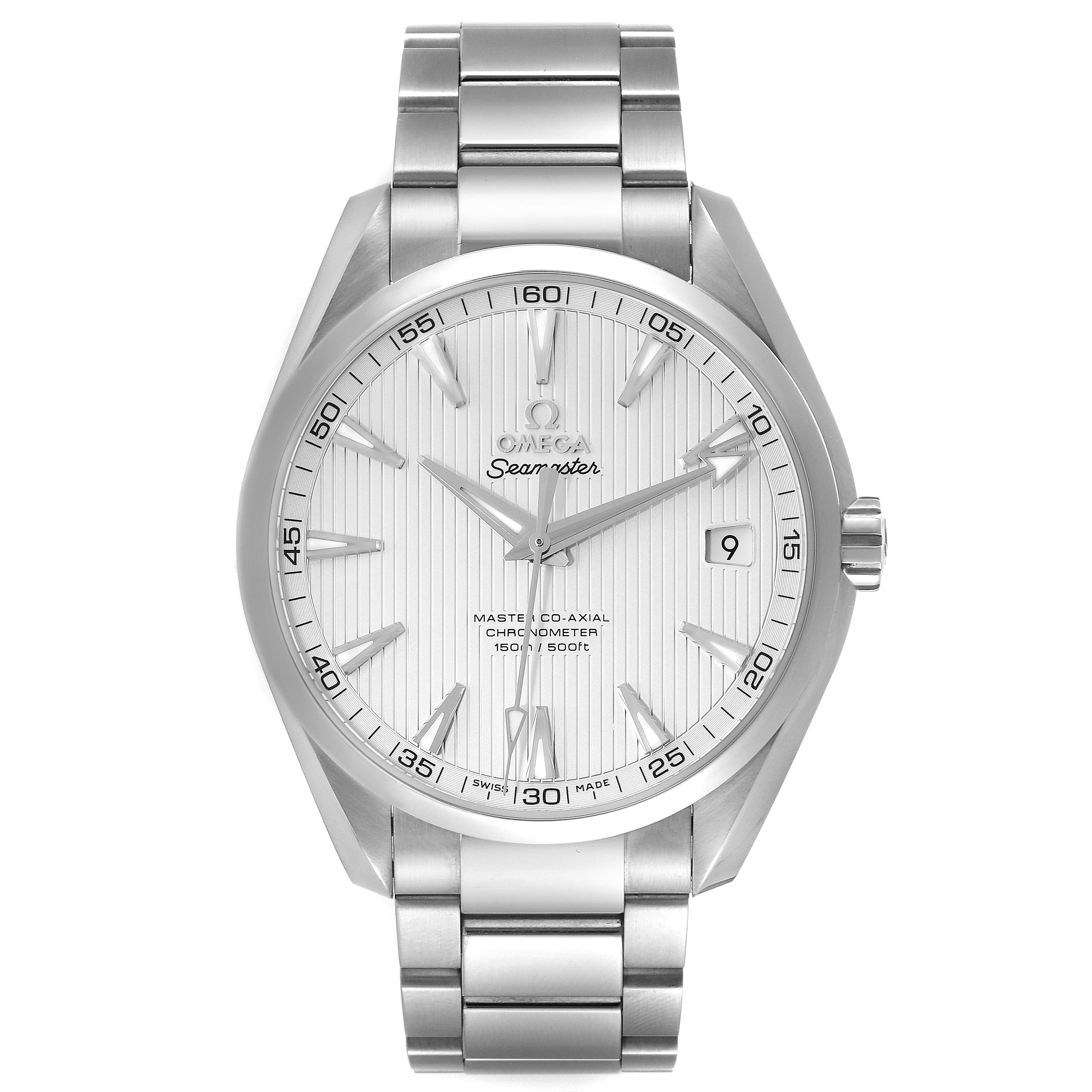 The image shows a front view of the Omega Aqua Terra 231.10.42.21.02.003 Men's Stainless Steel Silver Dial 231.10.42.21.02.003 Men's Stainless Steel Silver Dial watch, highlighting its dial, hands, date, bezel, and bracelet.