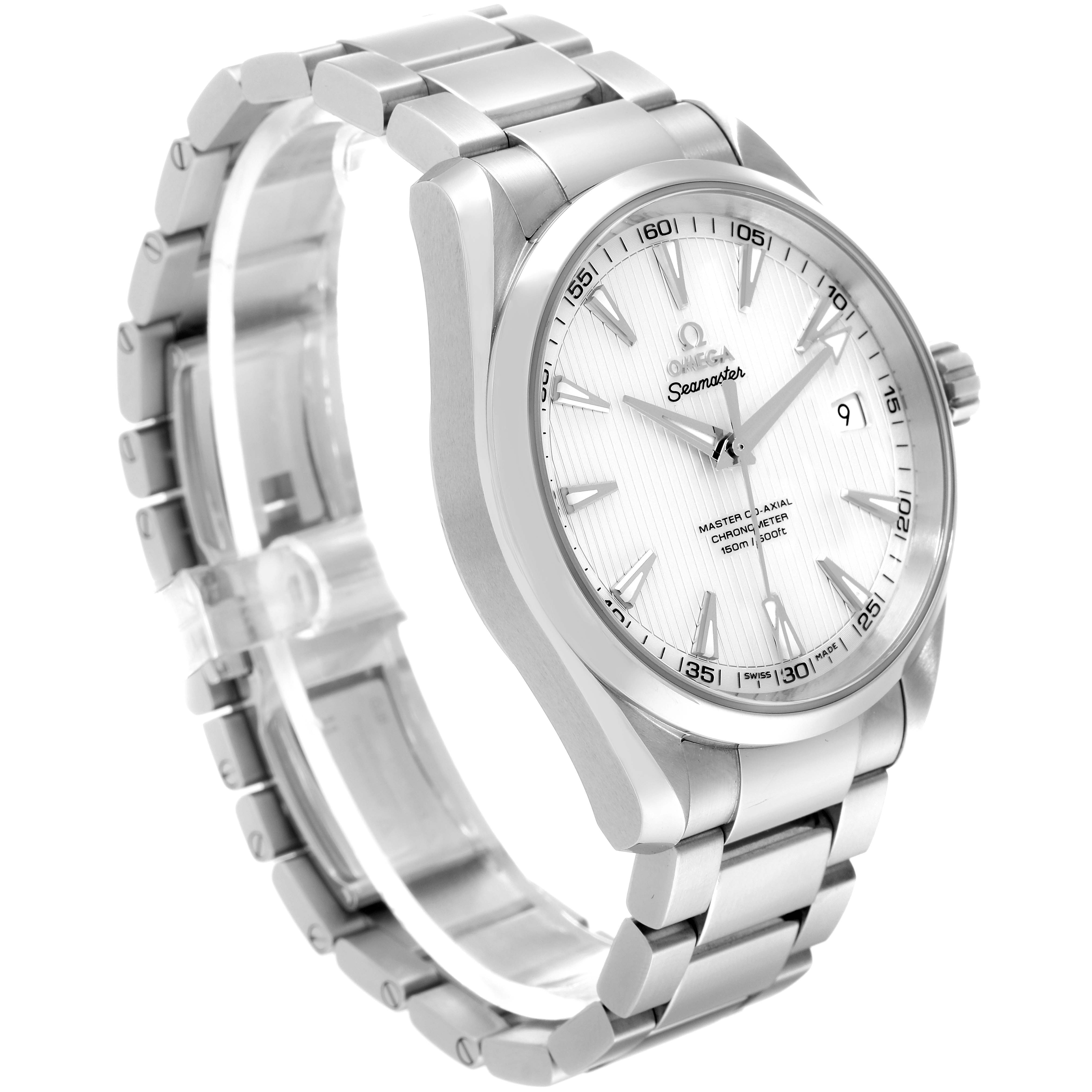 The Omega Aqua Terra 231.10.42.21.02.003 Men's Stainless Steel Silver Dial 231.10.42.21.02.003 Men's Stainless Steel Silver Dial watch is shown at an angle highlighting the face, bezel, and part of the bracelet.