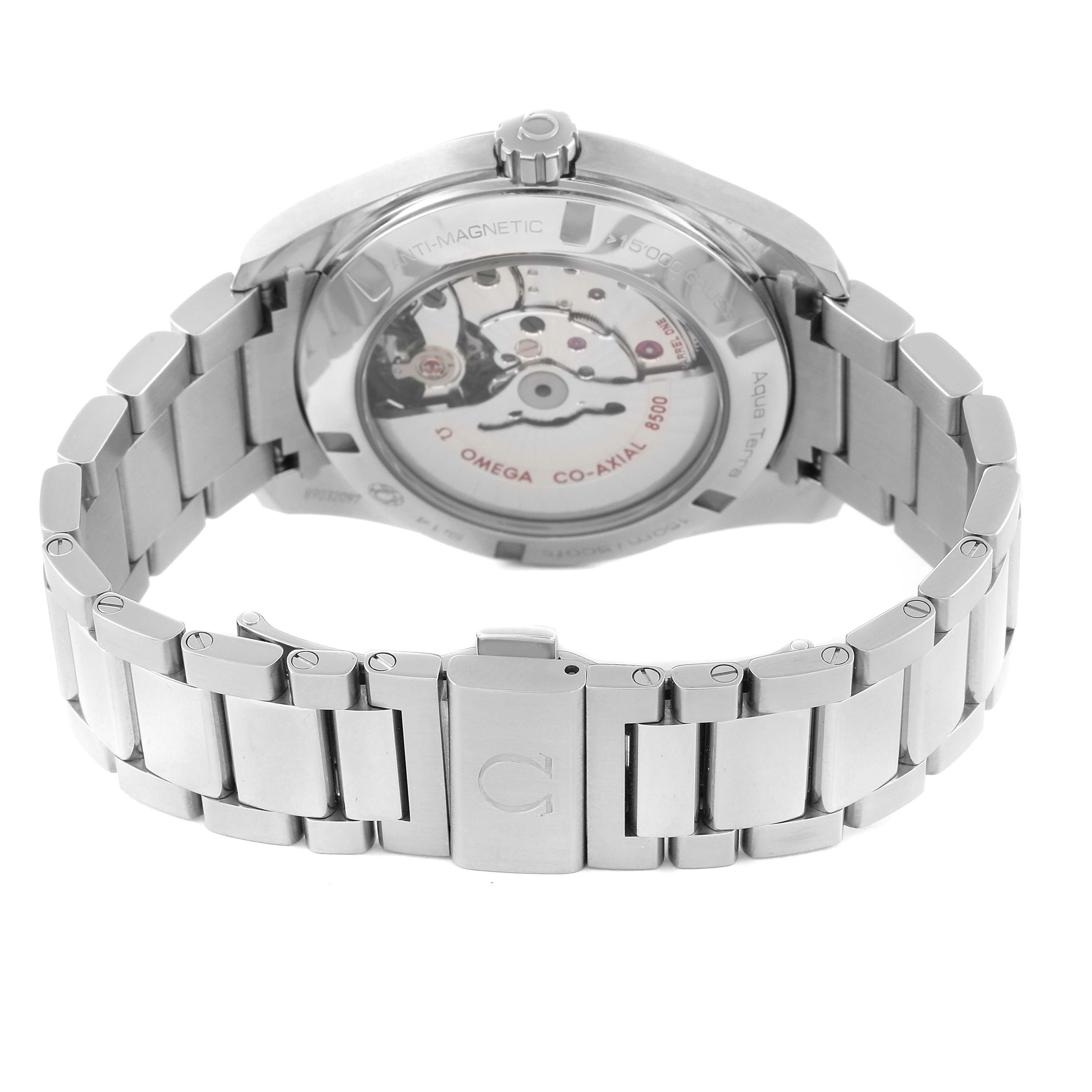 The image shows the backside of the Omega Aqua Terra 231.10.42.21.02.003 Men's Stainless Steel Silver Dial 231.10.42.21.02.003 Men's Stainless Steel Silver Dial watch, highlighting the movement mechanism and bracelet.