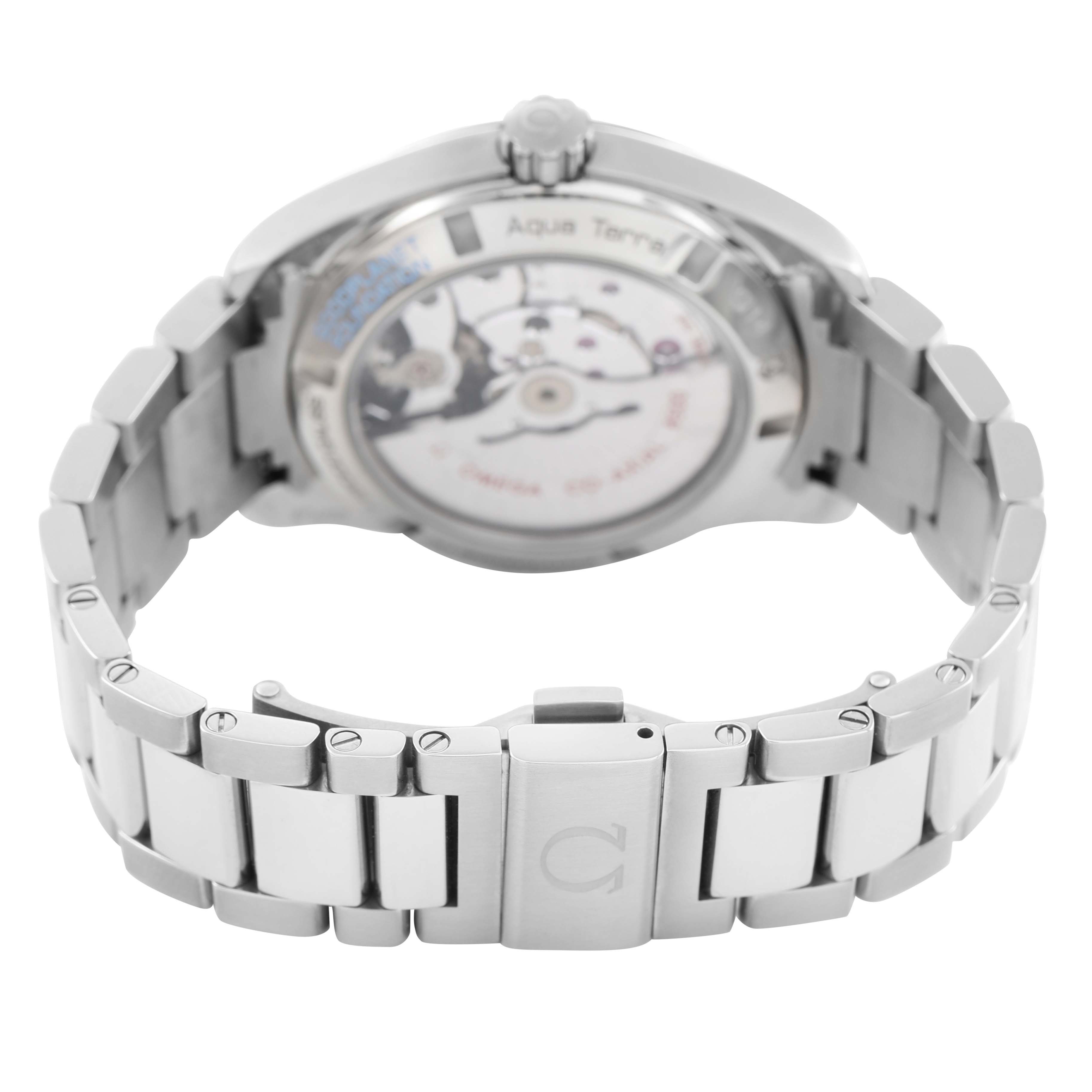 The Omega Seamaster 231.90.39.21.04.001 Men's Titanium White Dial is shown from the back, highlighting the case back, movement, and part of the bracelet.