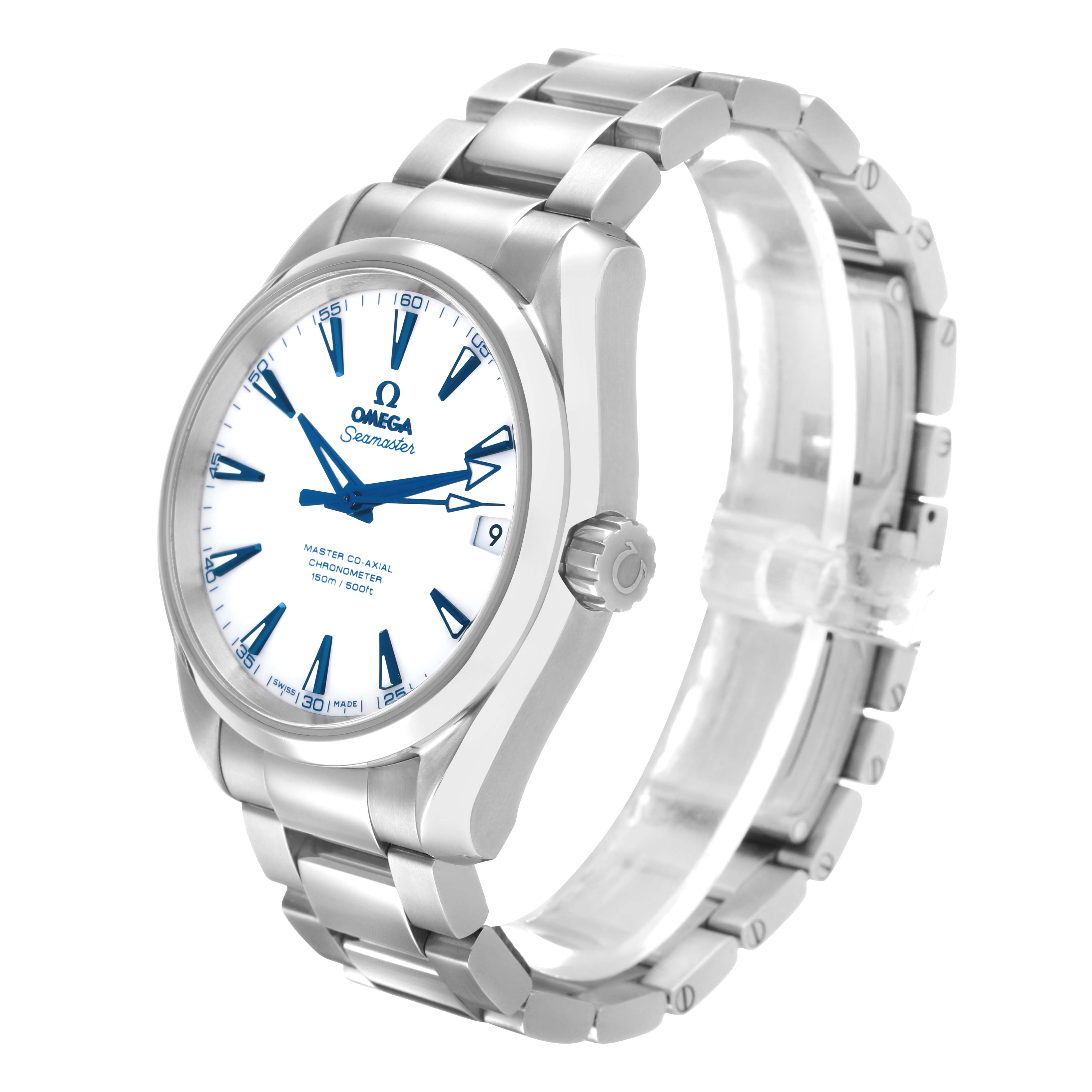 The Omega Seamaster 231.90.39.21.04.001 Men's Titanium White Dial watch is shown at a three-quarter angle, highlighting the face, bezel, crown, and bracelet.