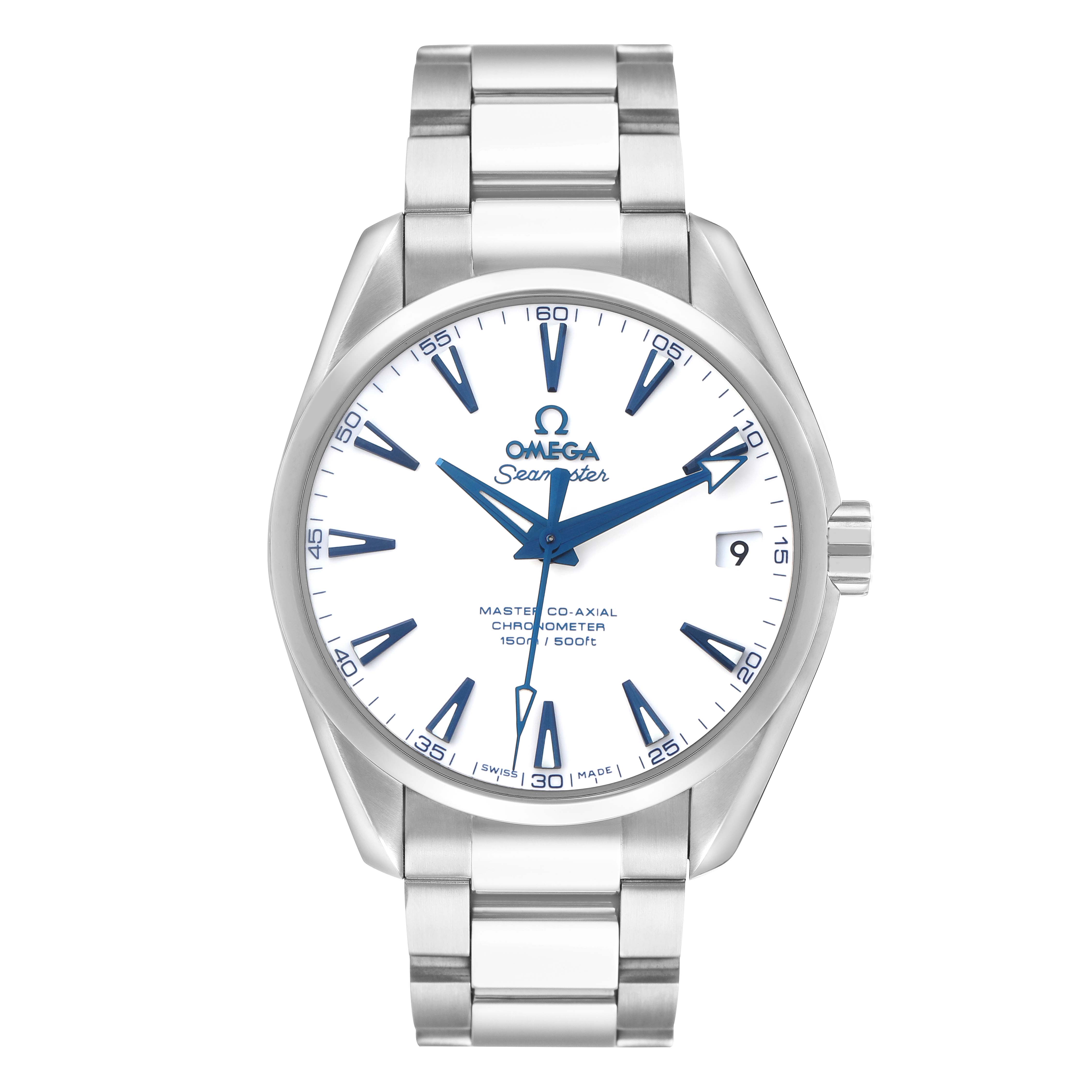 The Omega Seamaster 231.90.39.21.04.001 Men's Titanium White Dial watch is shown from a straight-on angle, highlighting its face, bezel, and bracelet.