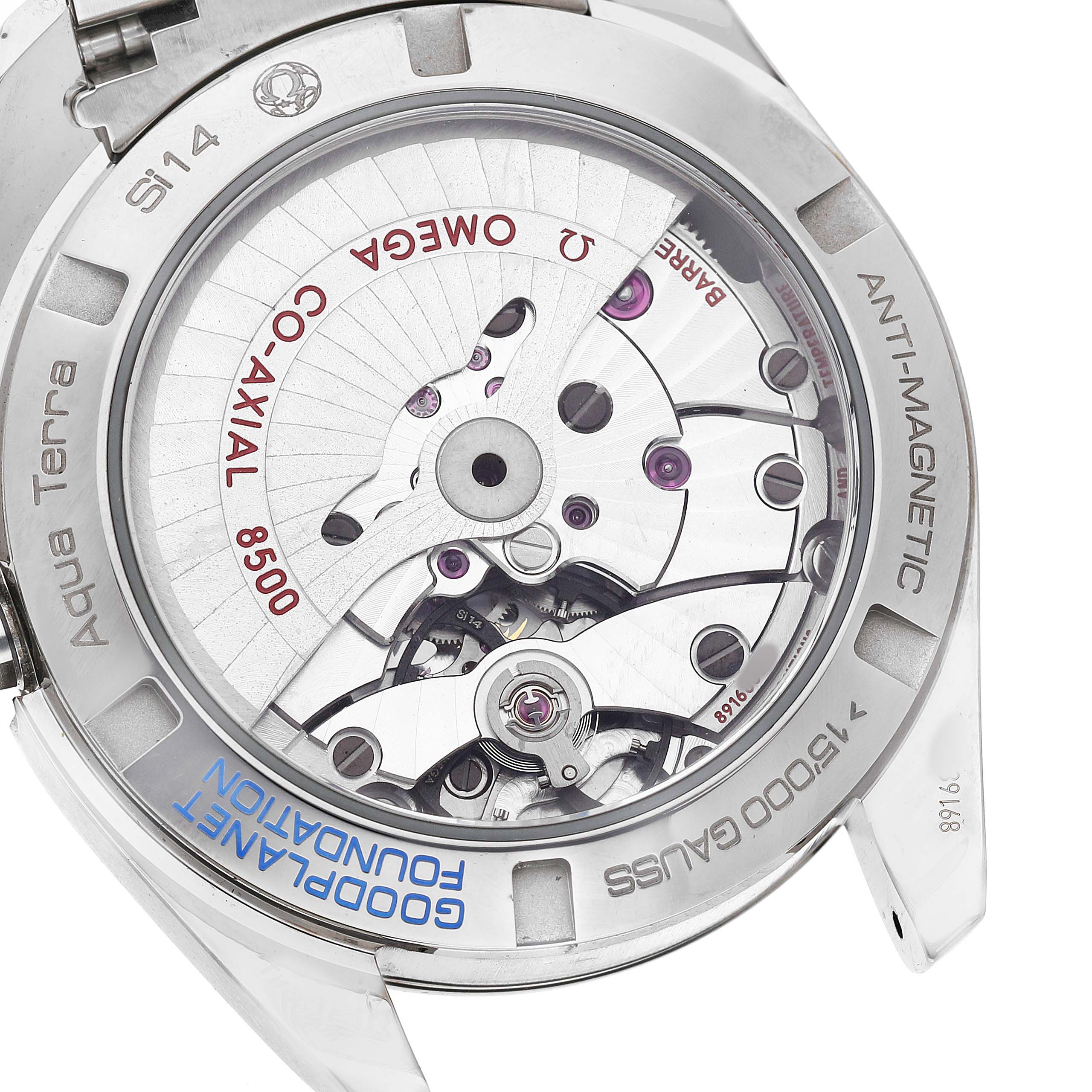 The image shows the back of the Omega Seamaster 231.90.39.21.04.001 Men's Titanium White Dial Aqua Terra watch, highlighting the co-axial movement mechanism.