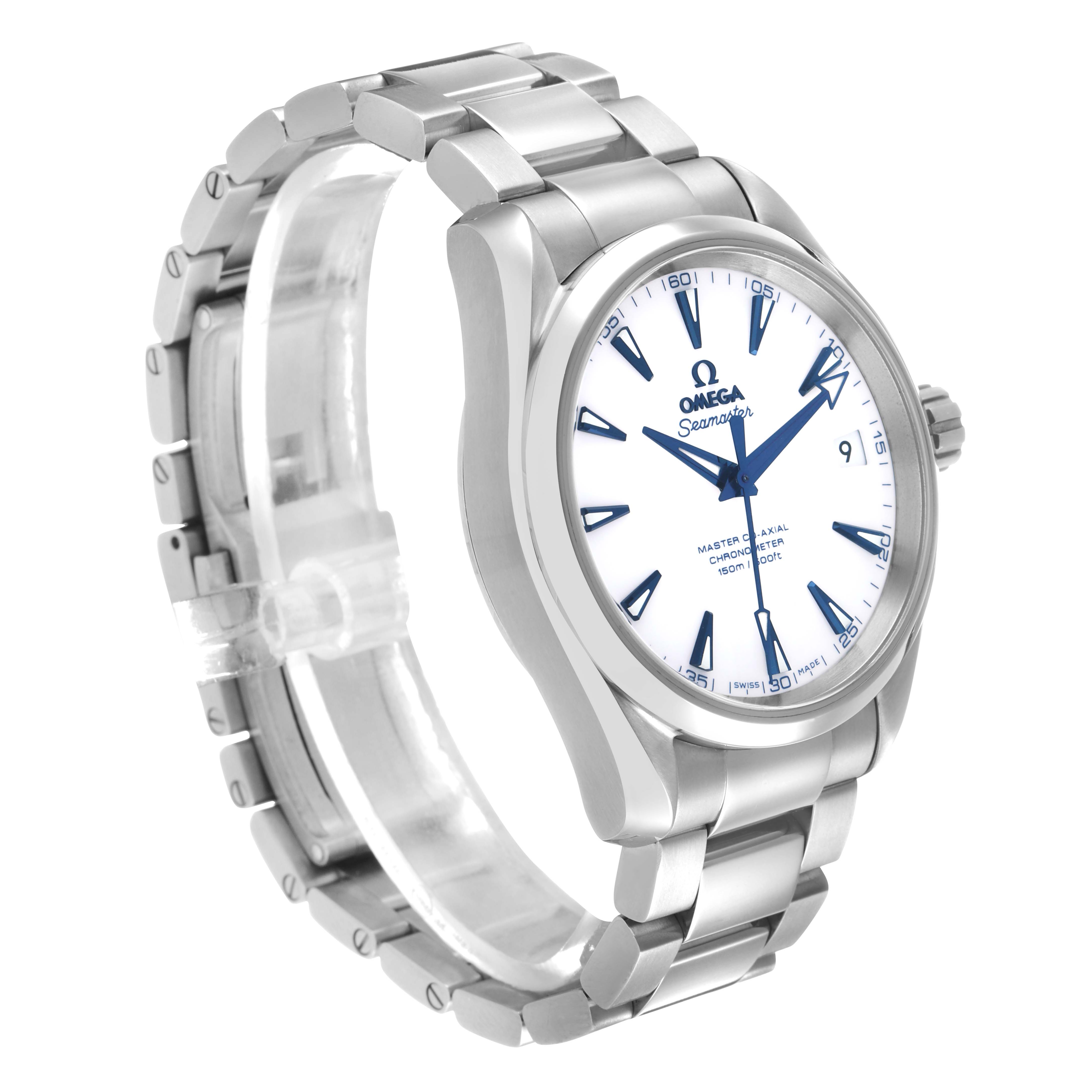 The Omega Seamaster 231.90.39.21.04.001 Men's Titanium White Dial watch is shown at a three-quarter angle, highlighting its bracelet, case, and face details.