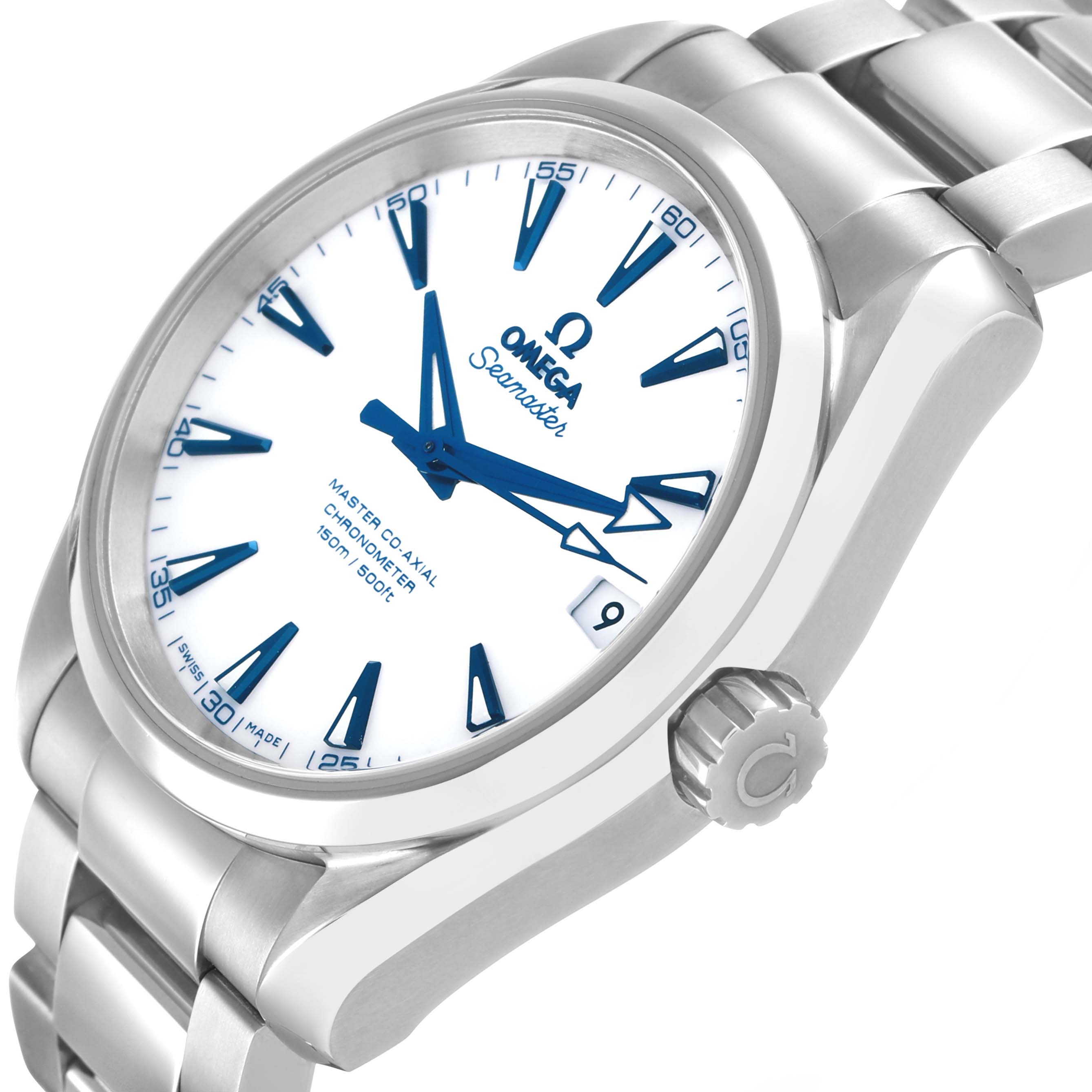 The image shows an angled view of the Omega Seamaster 231.90.39.21.04.001 Men's Titanium White Dial watch, highlighting the dial, hands, bezel, and bracelet.