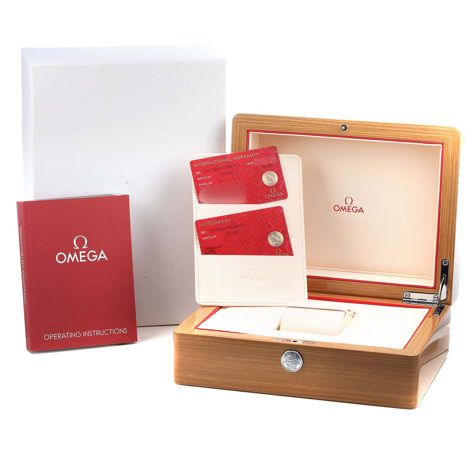The image shows the packaging and accessories for an Omega Seamaster 231.90.39.21.04.001 Men's Titanium White Dial, including the box, warranty cards, and operating instructions.
