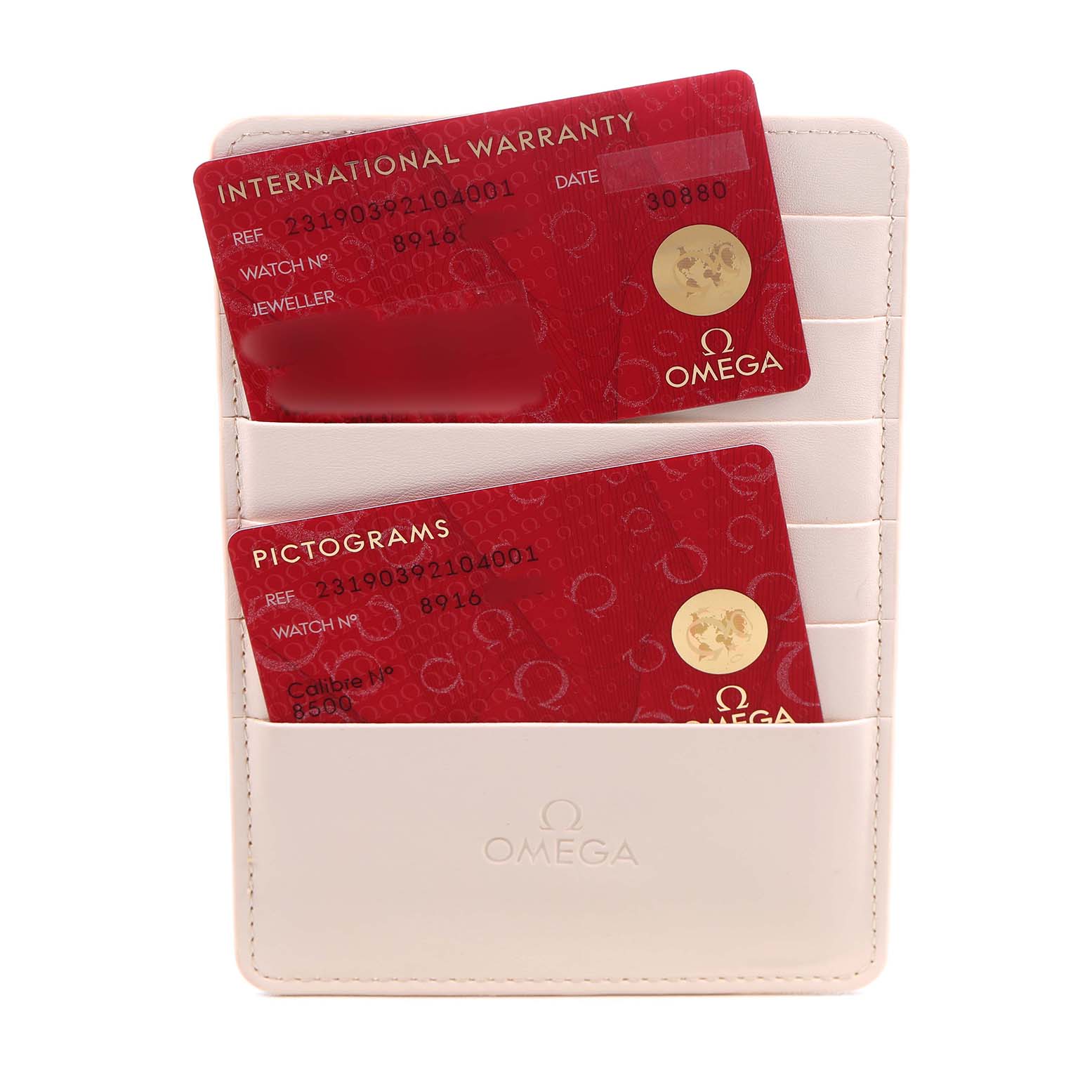 The image shows Omega Seamaster 231.90.39.21.04.001 Men's Titanium White Dial model warranty cards in a white cardholder, viewed from the front.