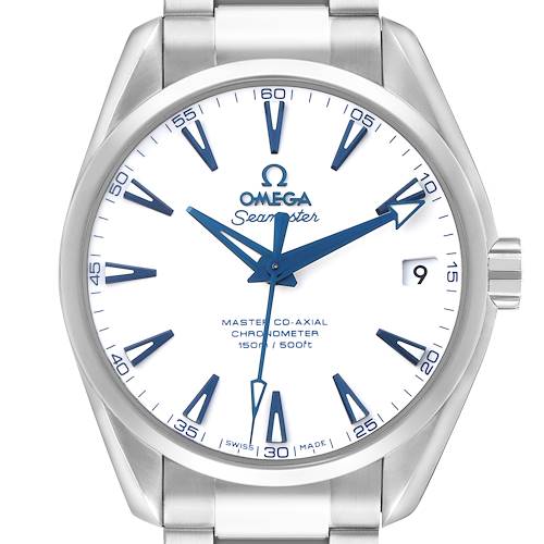 The Omega Seamaster 231.90.39.21.04.001 Men's Titanium White Dial watch is shown from a front angle, displaying its dial, bezel, bracelet, and crown.