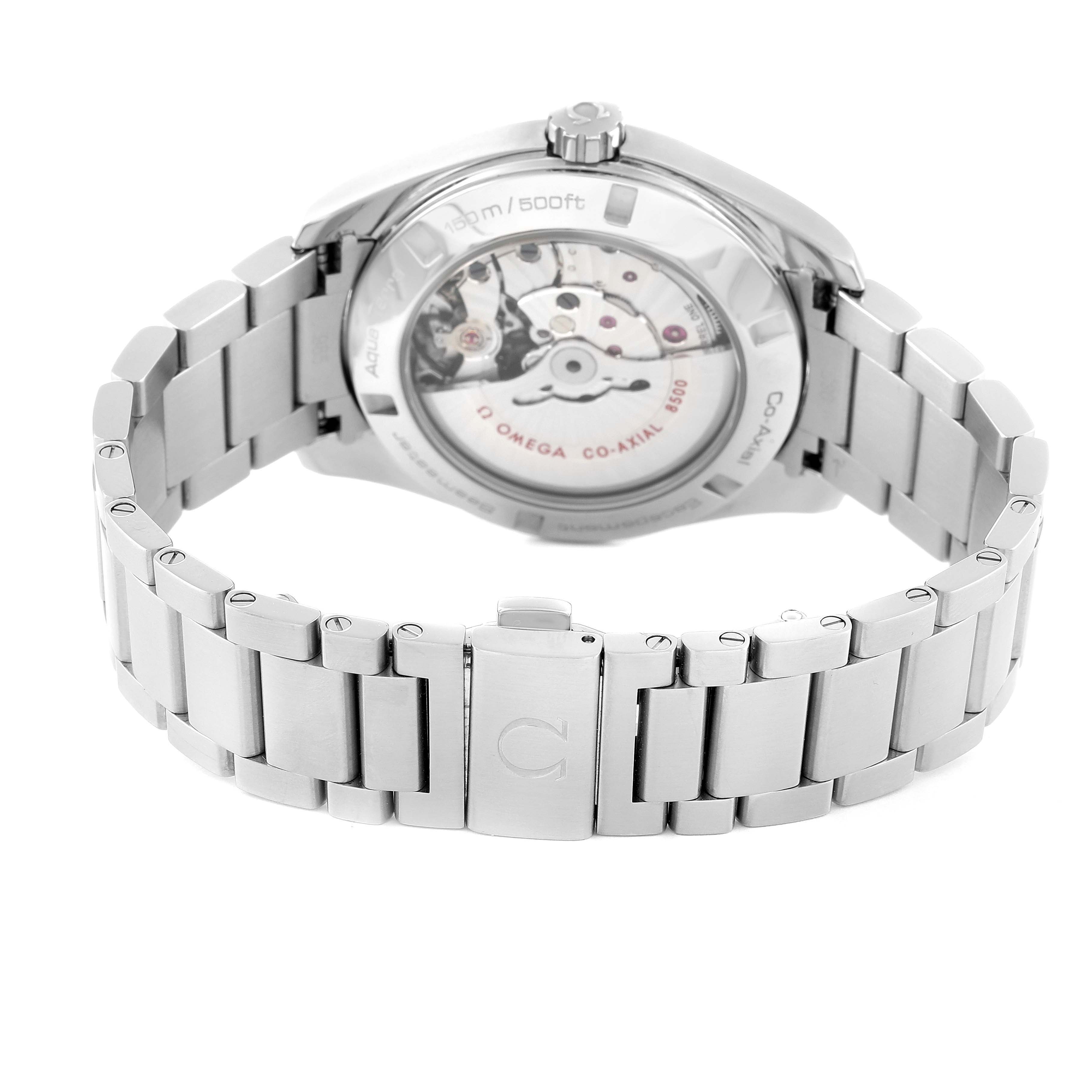 This image shows the back view of the Omega Aqua Terra 231.10.42.21.02.001 Men's Stainless Steel Silver Dial 231.10.42.21.02.001 Men's Stainless Steel Silver Dial watch, highlighting its stainless steel bracelet and visible movement through the case back.