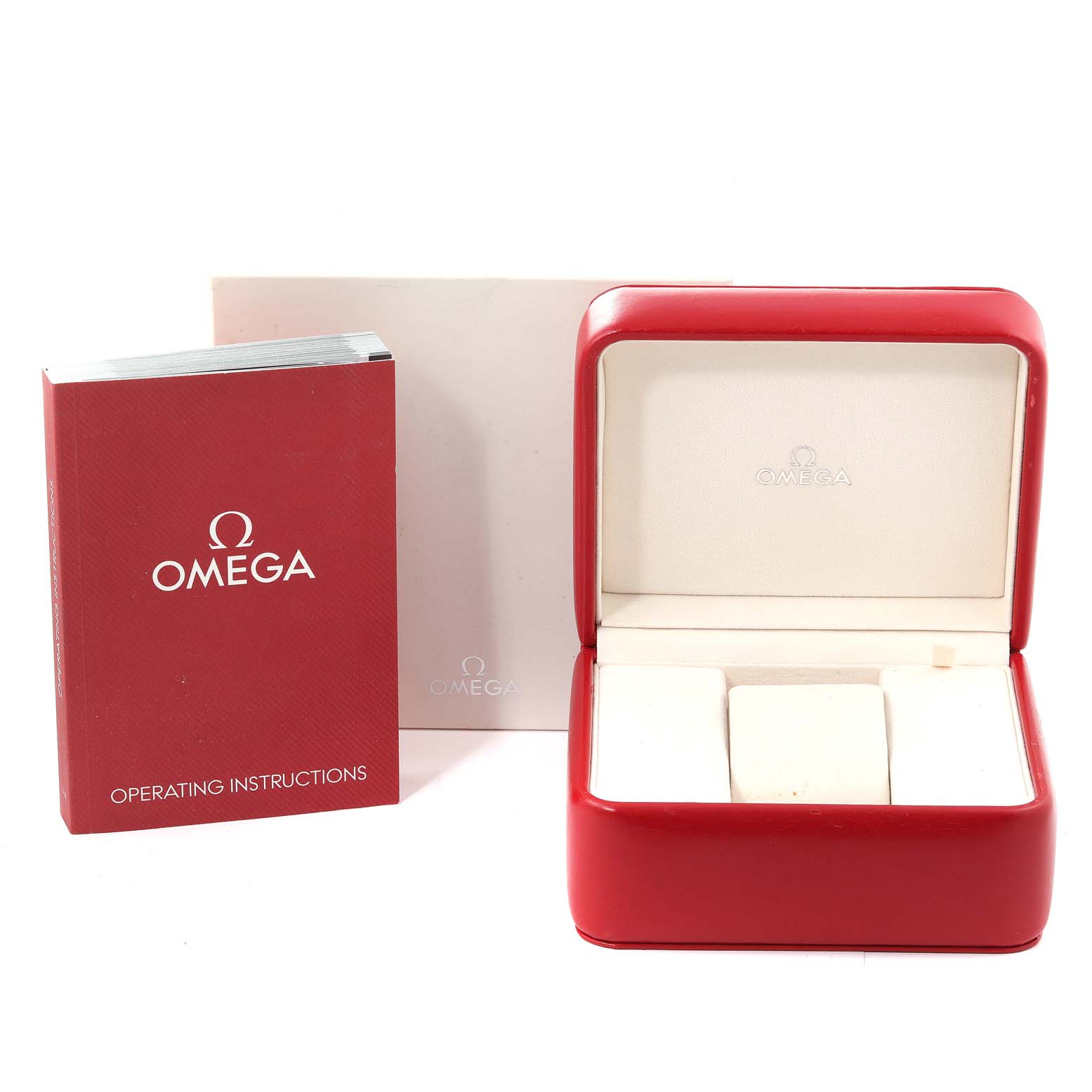 The image shows a red Omega watch box and an operating instructions manual for the Aqua Terra model by Omega.