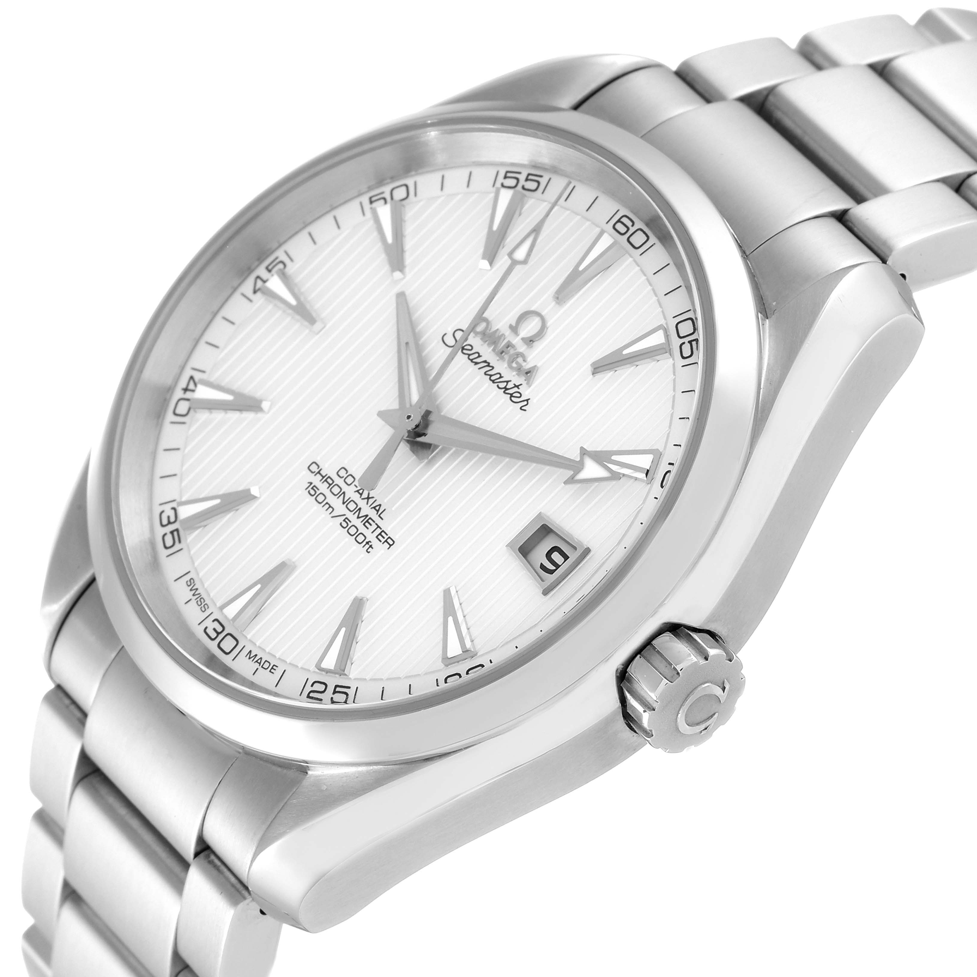 The image shows an angled view of the Omega Aqua Terra 231.10.42.21.02.001 Men's Stainless Steel Silver Dial 231.10.42.21.02.001 Men's Stainless Steel Silver Dial watch, highlighting the face, crown, and part of the bracelet.