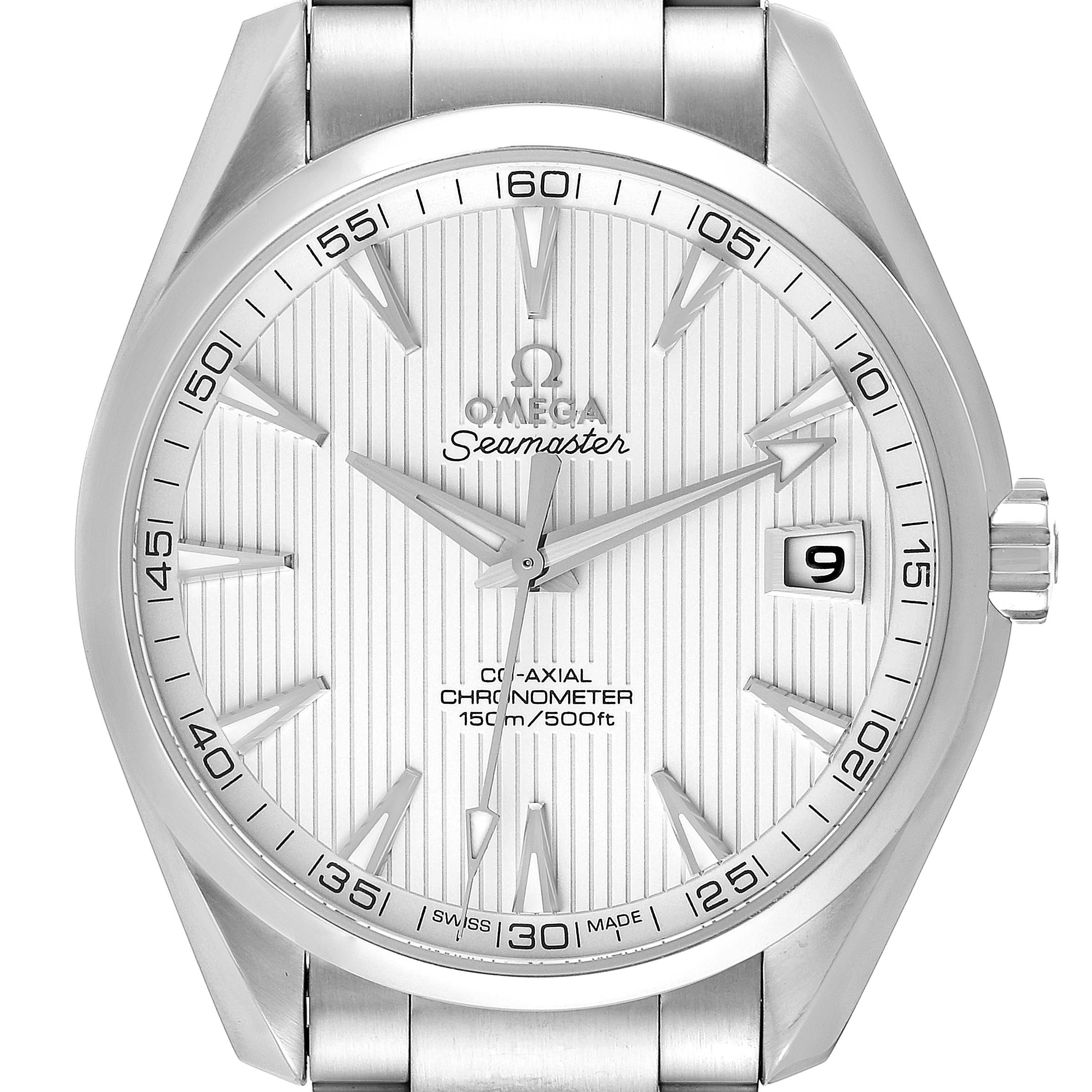 The image shows a front view of an Omega Aqua Terra 231.10.42.21.02.001 Men's Stainless Steel Silver Dial 231.10.42.21.02.001 Men's Stainless Steel Silver Dial Seamaster watch, displaying its dial and part of its bracelet.