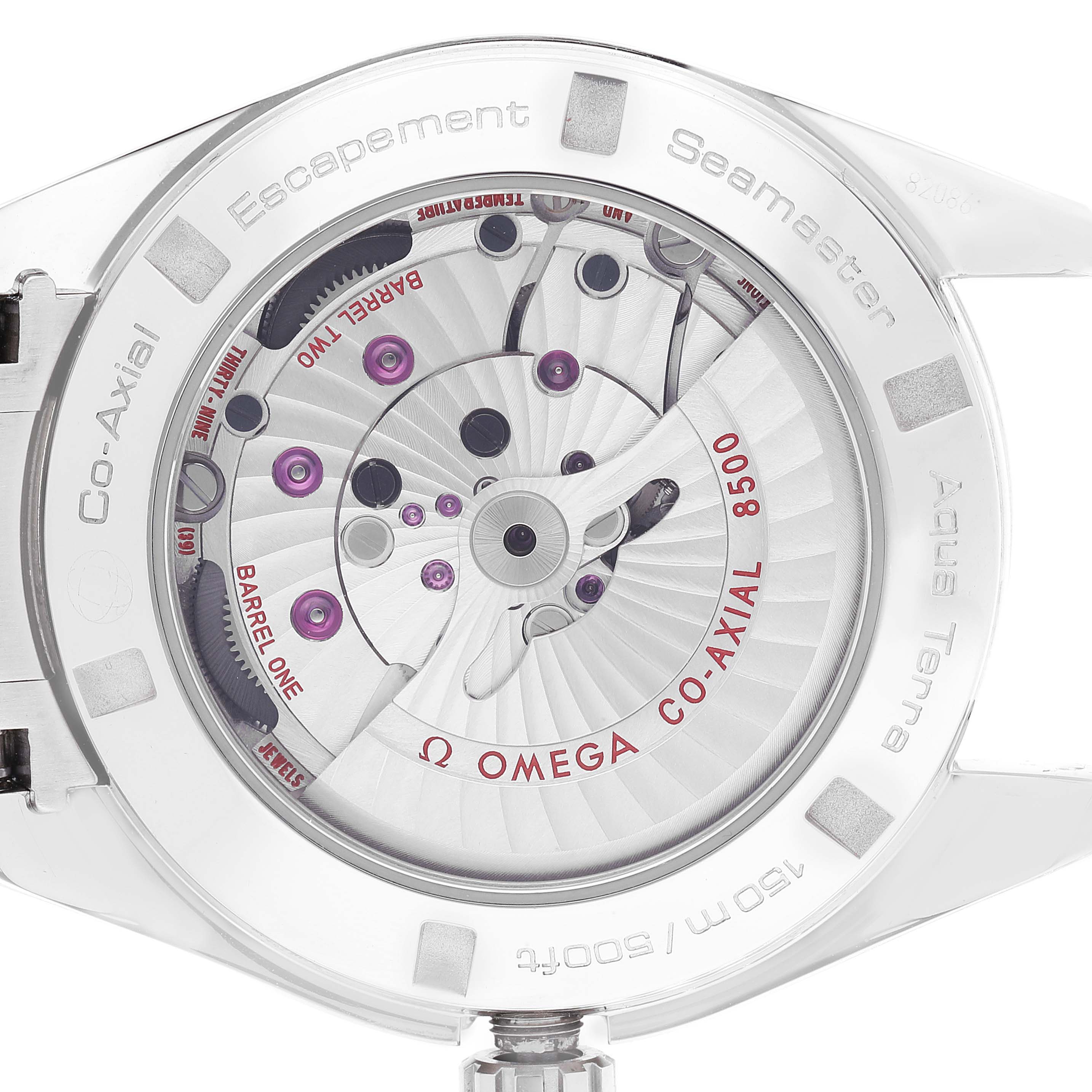 This image shows the case back of the Omega Aqua Terra 231.10.42.21.02.001 Men's Stainless Steel Silver Dial 231.10.42.21.02.001 Men's Stainless Steel Silver Dial watch, highlighting its Co-Axial 8500 movement.