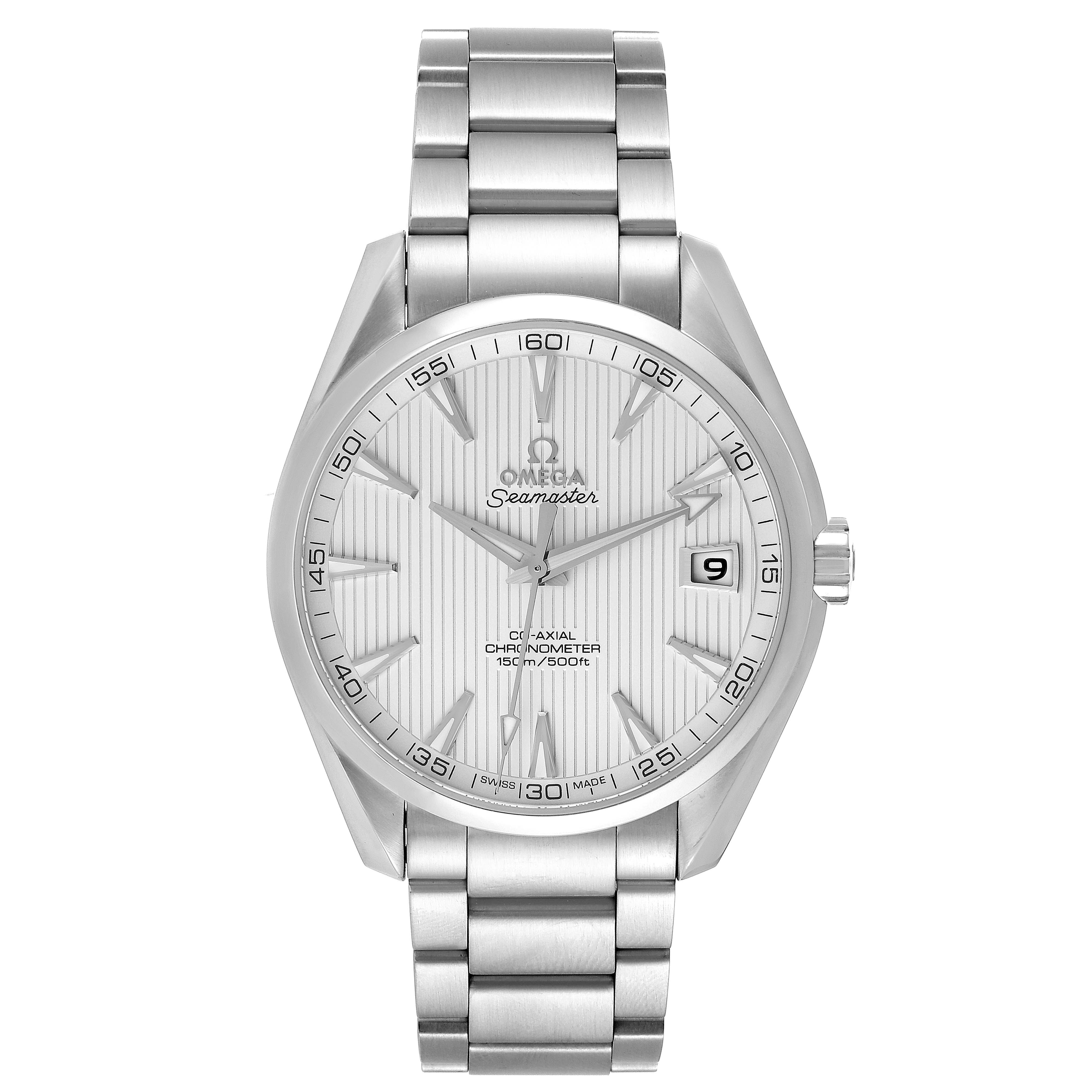 The image shows a frontal view of the Omega Aqua Terra 231.10.42.21.02.001 Men's Stainless Steel Silver Dial 231.10.42.21.02.001 Men's Stainless Steel Silver Dial Seamaster watch, highlighting the dial, bracelet, crown, and date window.